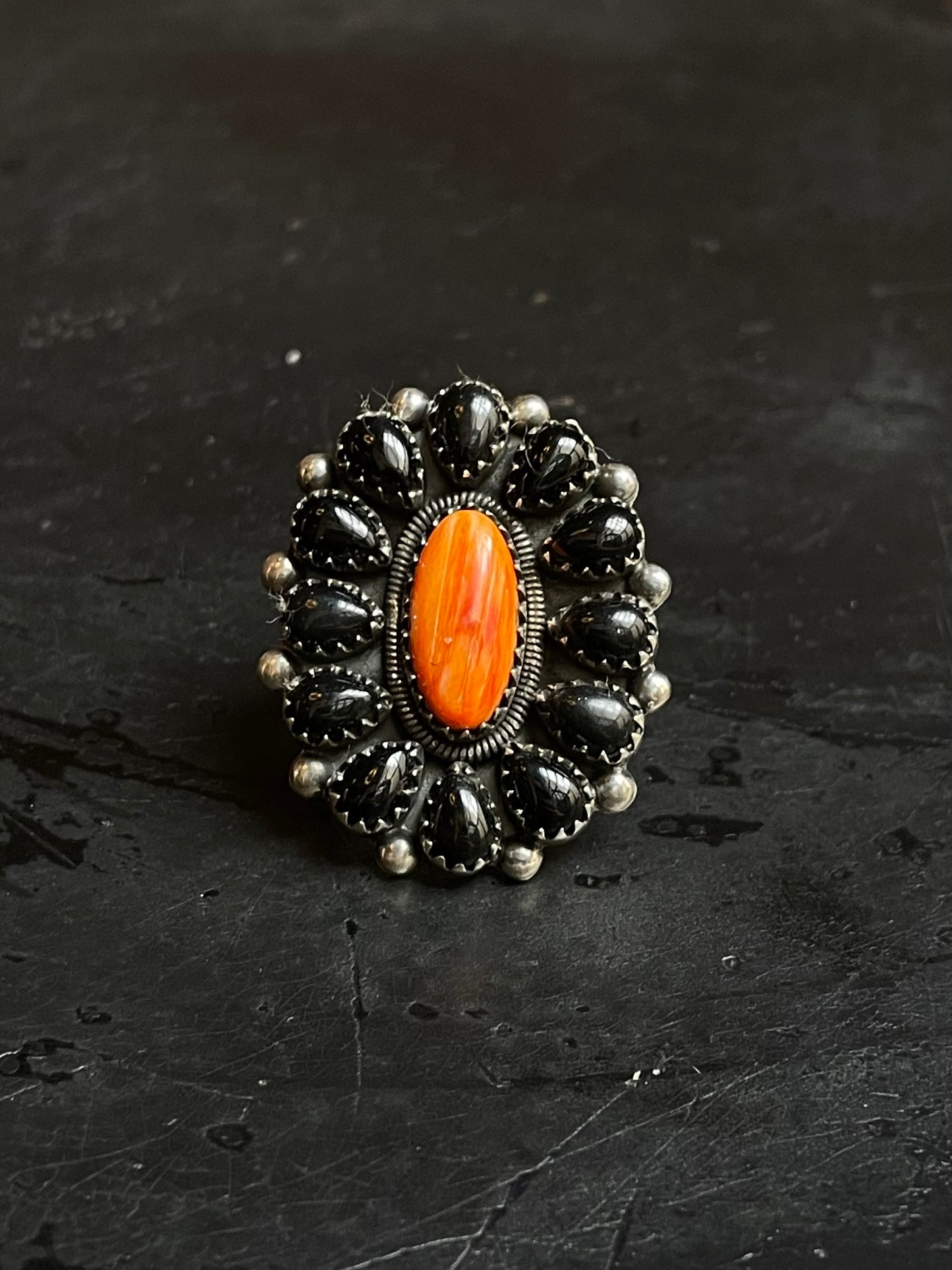 Spiny Oyster Black Onyx Cluster Ring Size 7.5 | 925 Sterling Silver E155