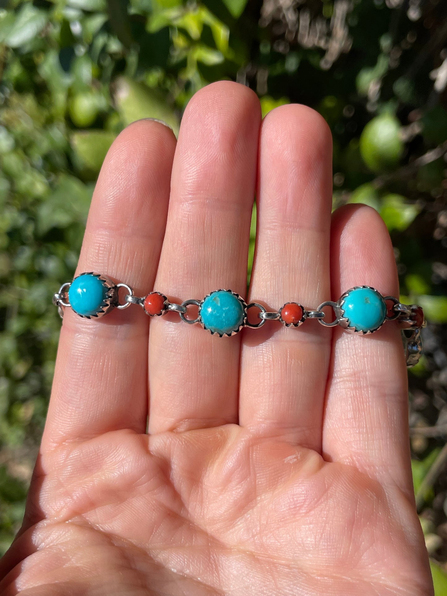 Kingman Turquoise and Italian Coral Link Bracelet | 925 Sterling Silver B918