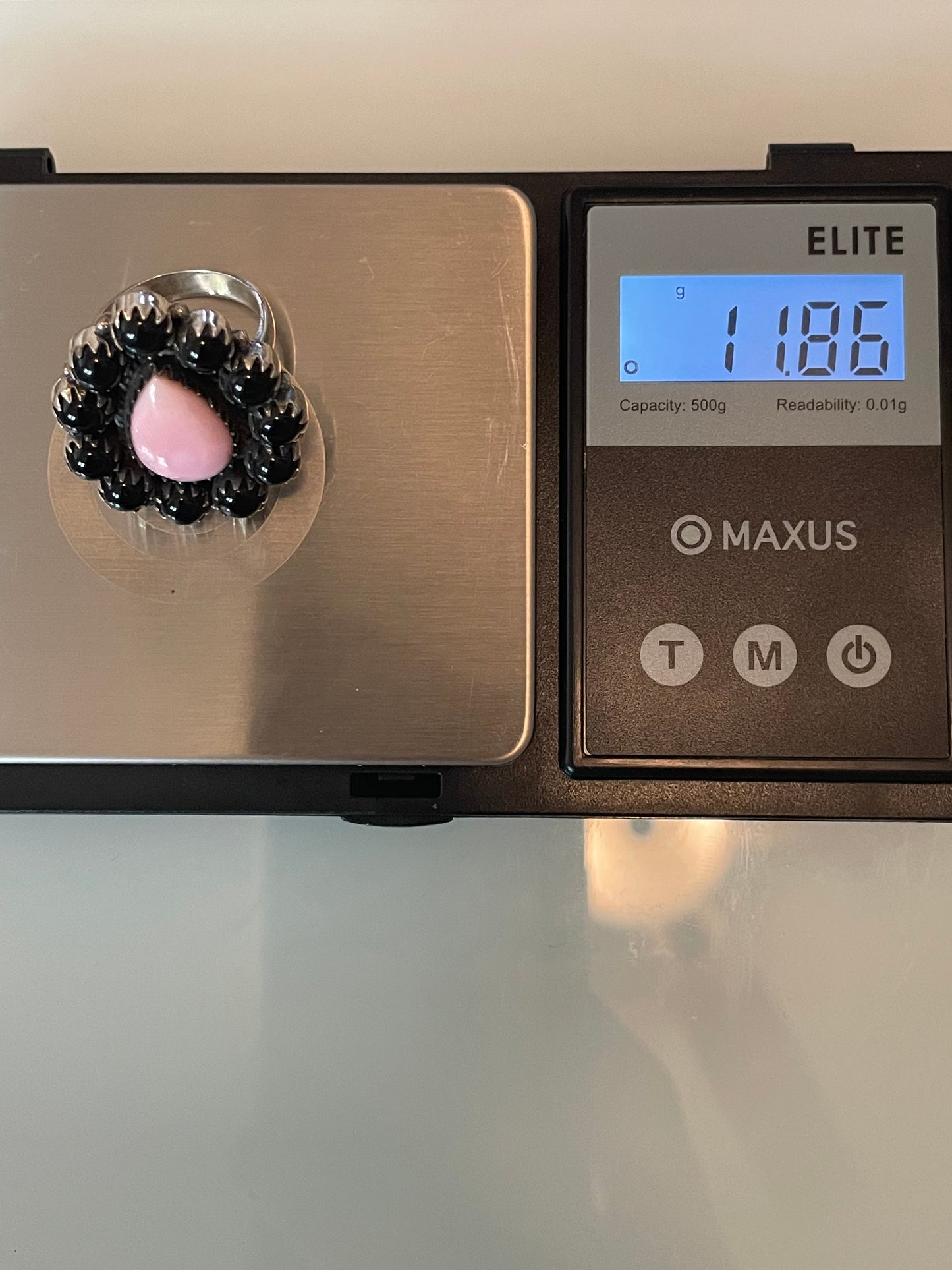 Pink Conch & Black Onyx Cluster Ring | Sterling Silver | Size 8 G341