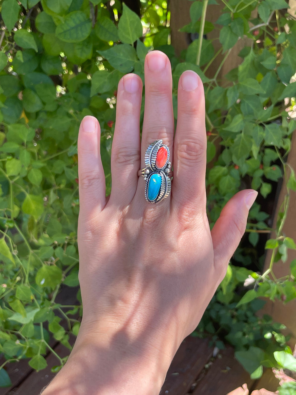Spiny Oyster & Turquoise Leaf Ring | Size 9 | 925 Sterling Silver Z82