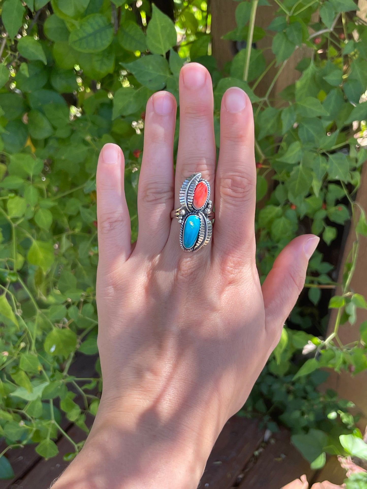 Spiny Oyster & Turquoise Leaf Ring | Size 9 | 925 Sterling Silver Z82