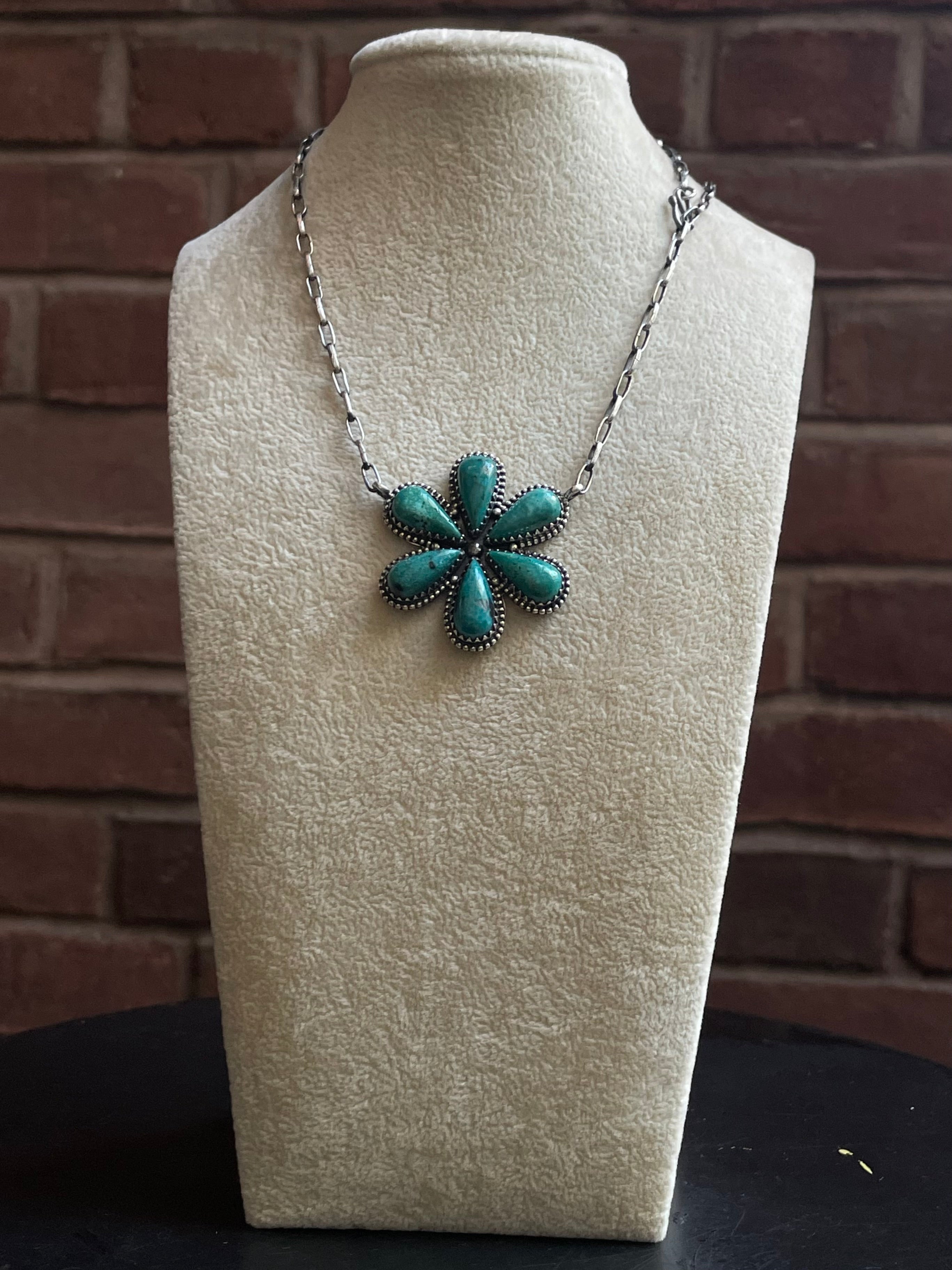 Kingman Turquoise Flower Necklace | Sterling Silver E941