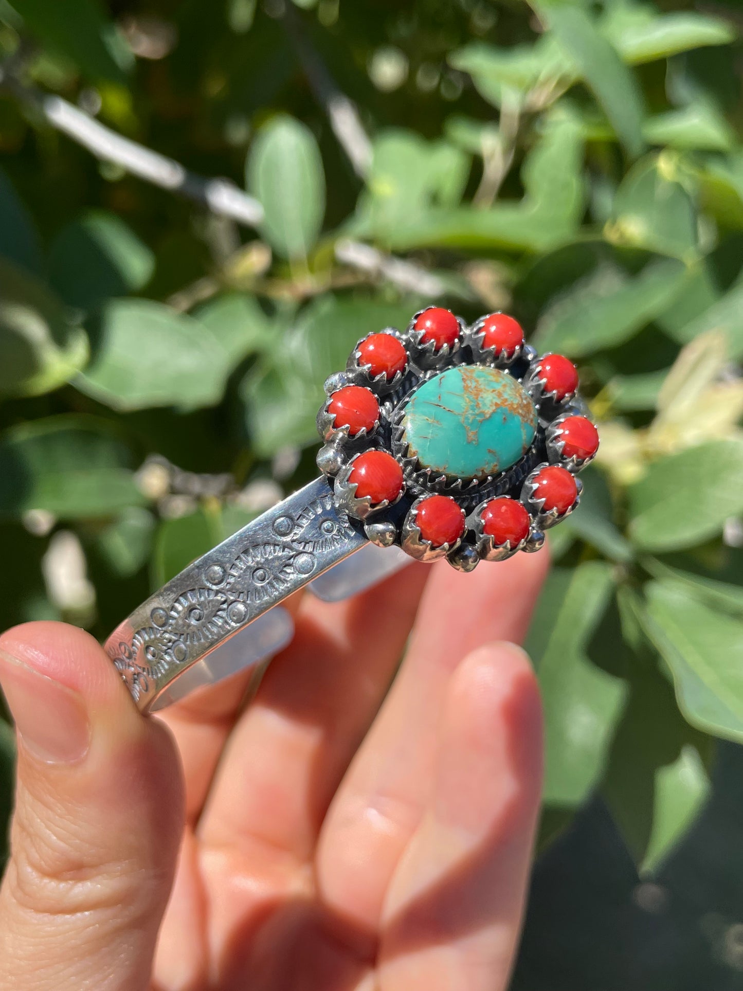 Kingman Turquoise & Red Coral Cluster Cuff Bracelet | Sterling Silver D139