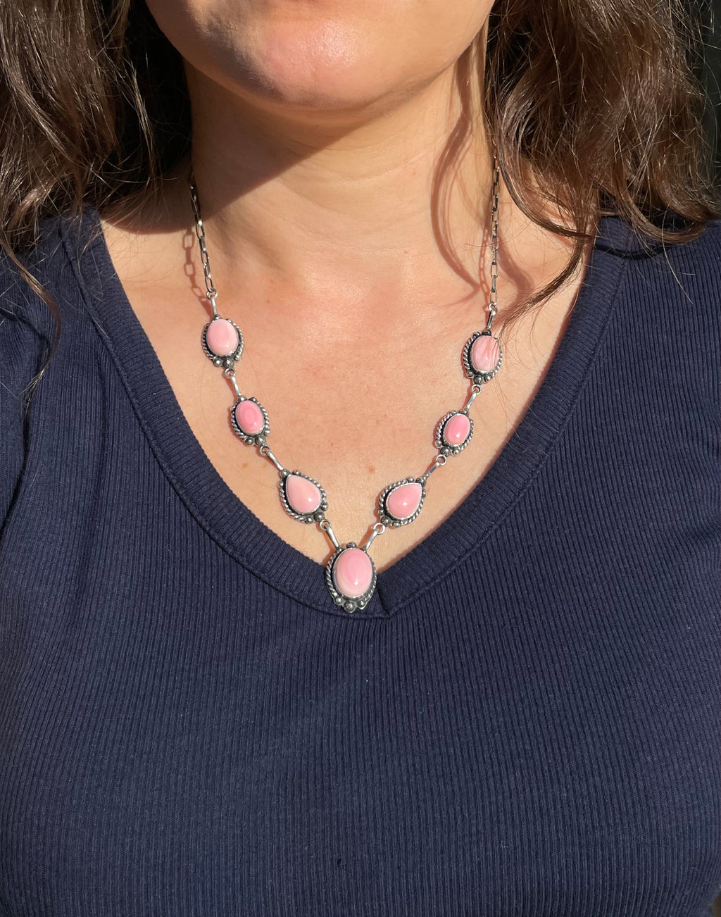 Pink Conch Lariat Necklace | Teardrop Station Drop | 925 Silver E565
