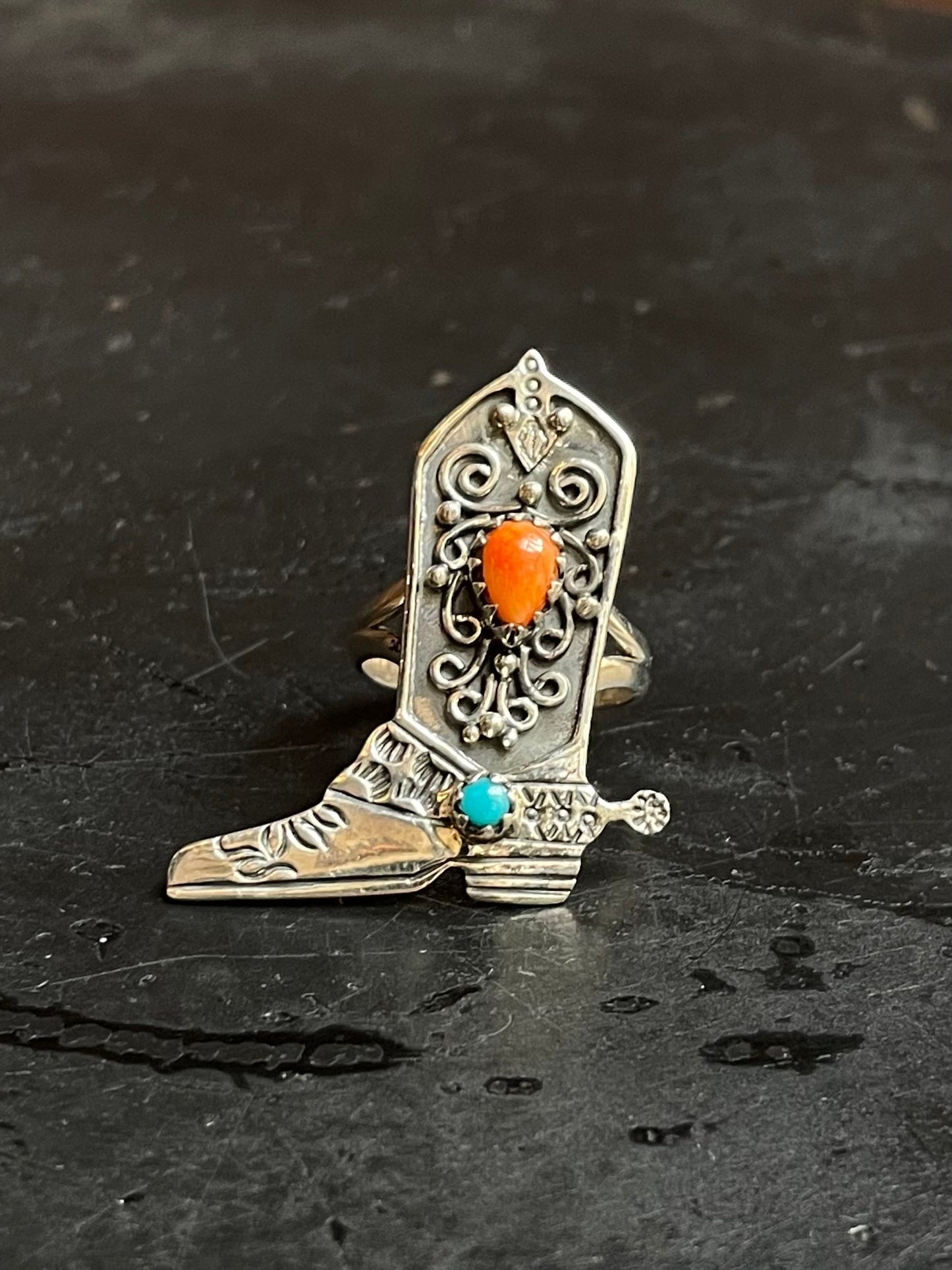 Spiny Oyster Turquoise Cowboy Boot Ring Size 7 | 925 Sterling Silver E188