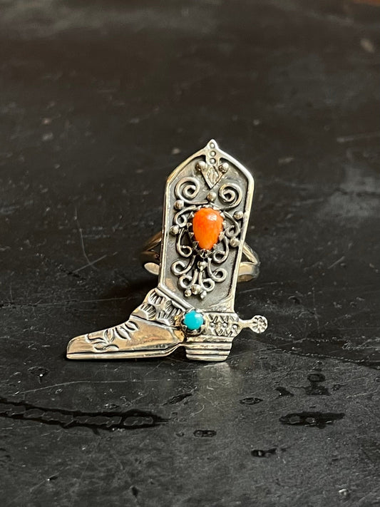Spiny Oyster Turquoise Cowboy Boot Ring Size 7 | 925 Sterling Silver E188