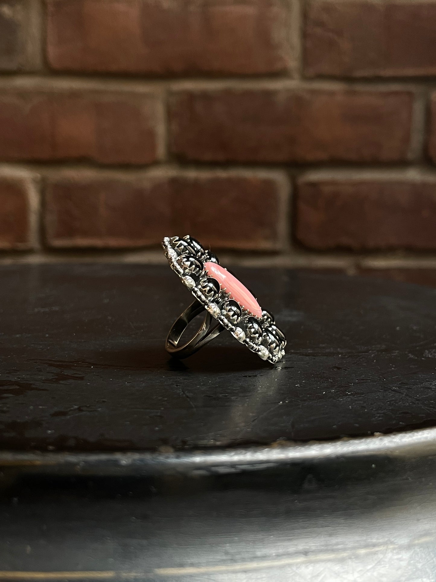 Pink Conch Black Onyx Cluster Ring Size 7 | 925 Sterling Silver E195