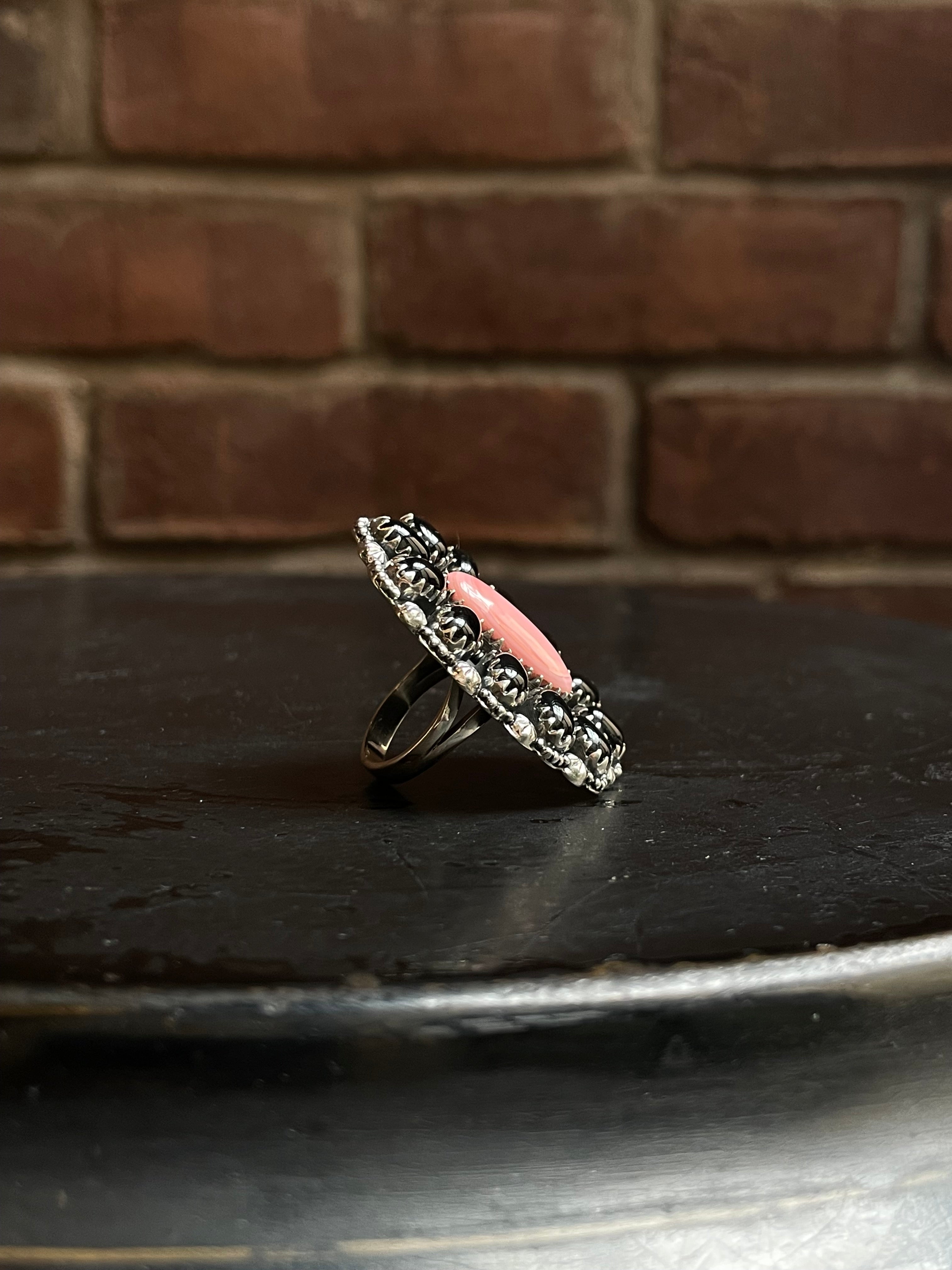 Pink Conch Black Onyx Cluster Ring Size 7 | 925 Sterling Silver E195