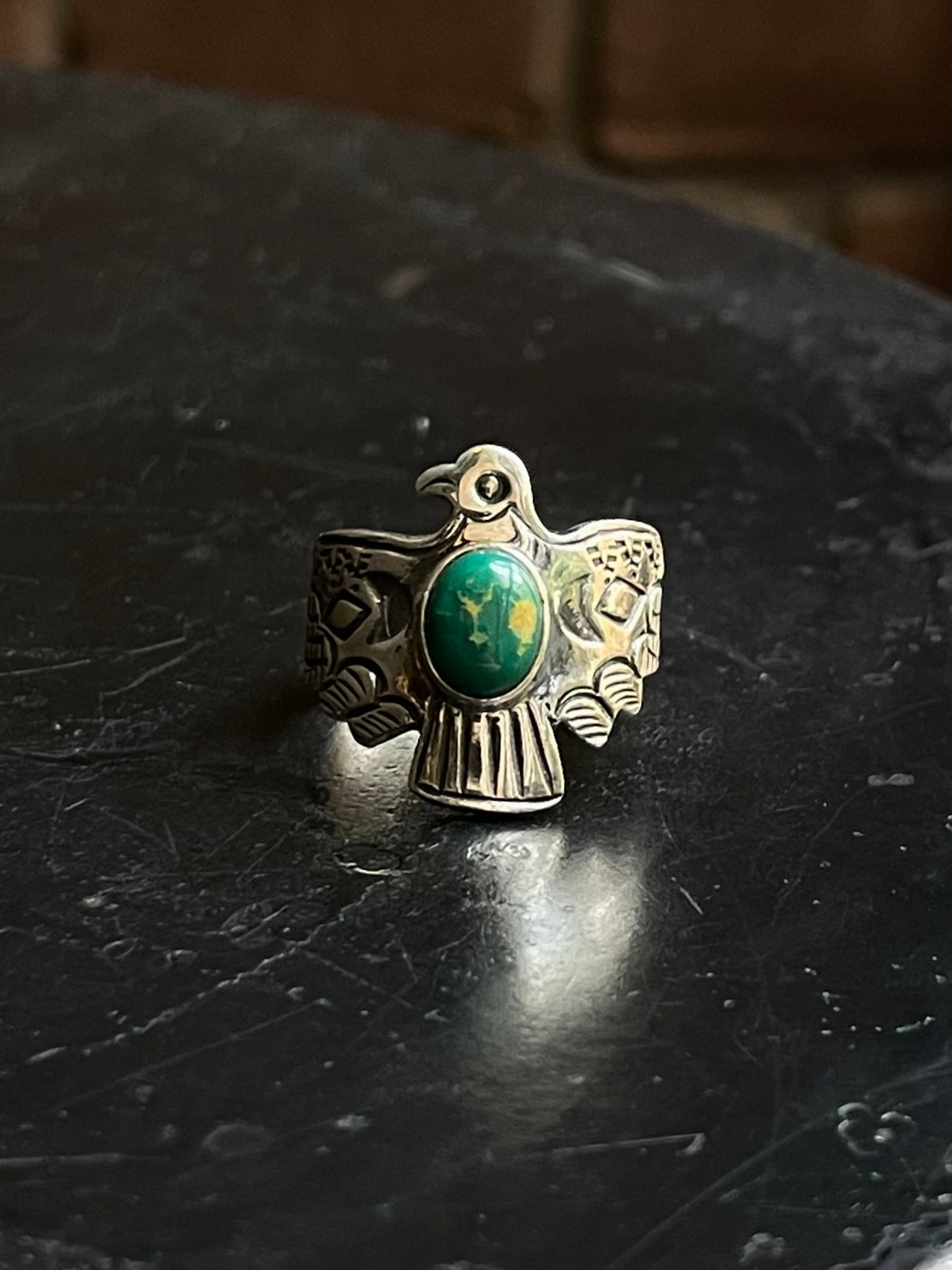 Kingman Turquoise Thunderbird Ring | 925 Sterling Silver | Size 6.75 E307