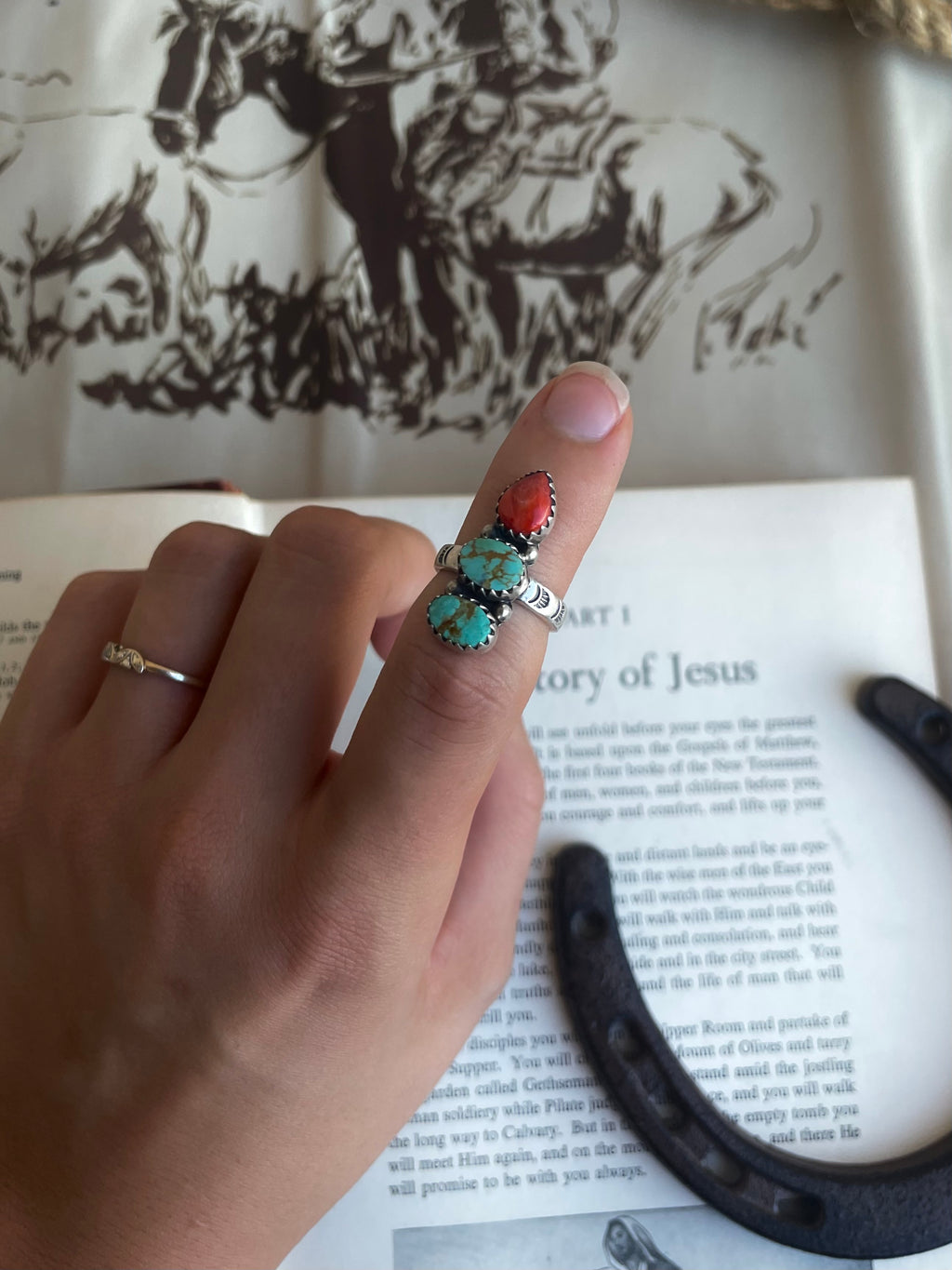Spiny Oyster & Turquoise Three-Stone Ring | 925 Sterling Silver Size 6 G822