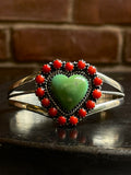 Kingman Turquoise & Coral Heart Cuff | Cluster Halo Design | 925 Silver E541