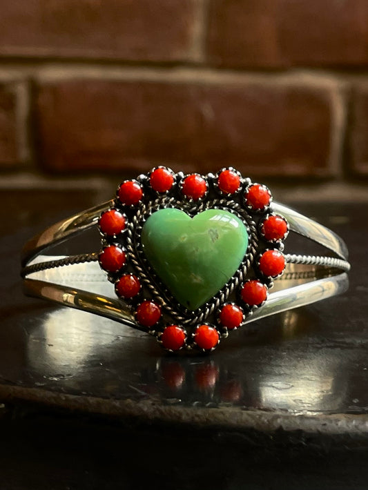 Kingman Turquoise & Coral Heart Cuff | Cluster Halo Design | 925 Silver E541