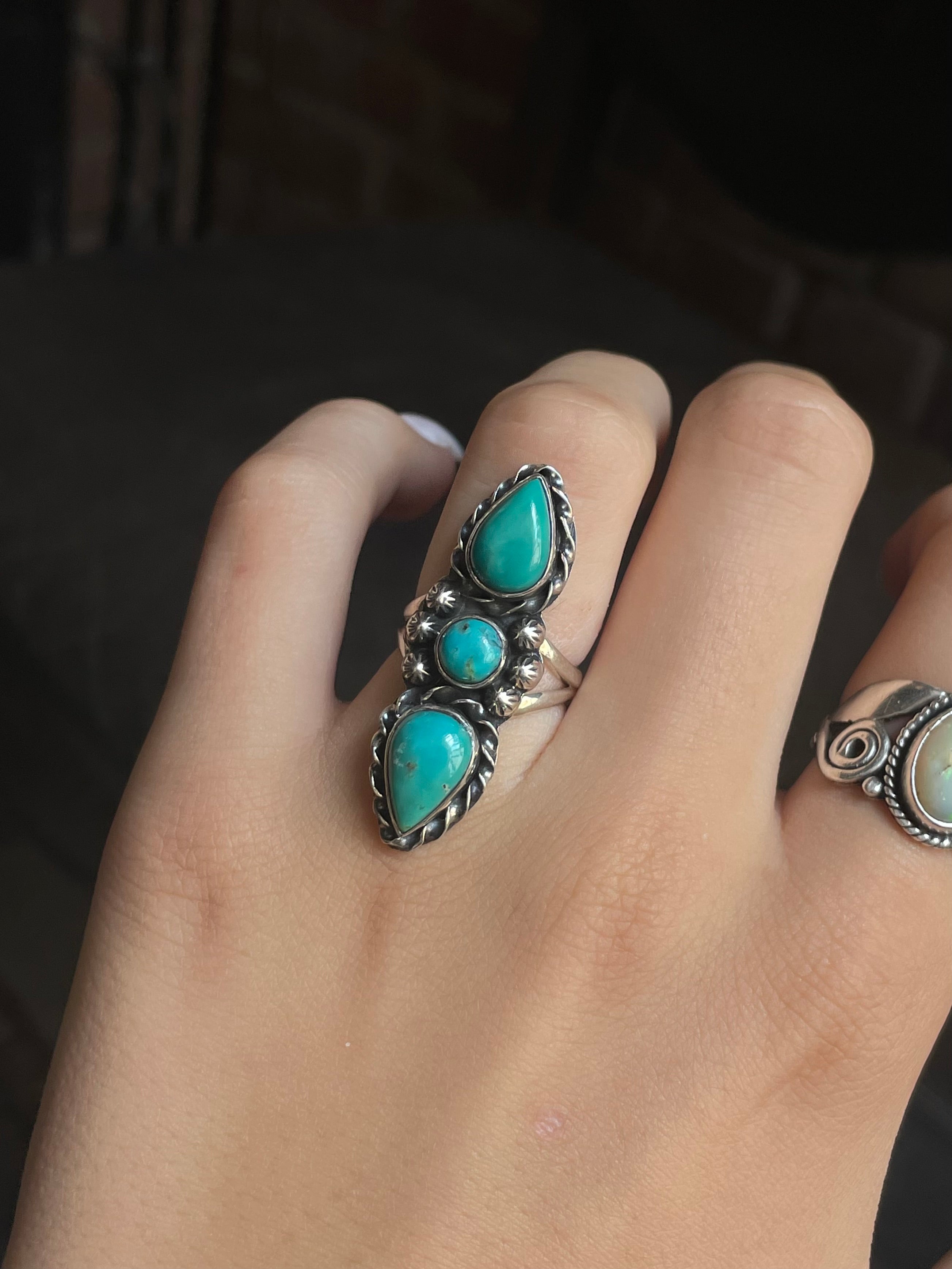 Kingman Turquoise Triple Stone Ring Size 6| 925 Sterling Silver G557
