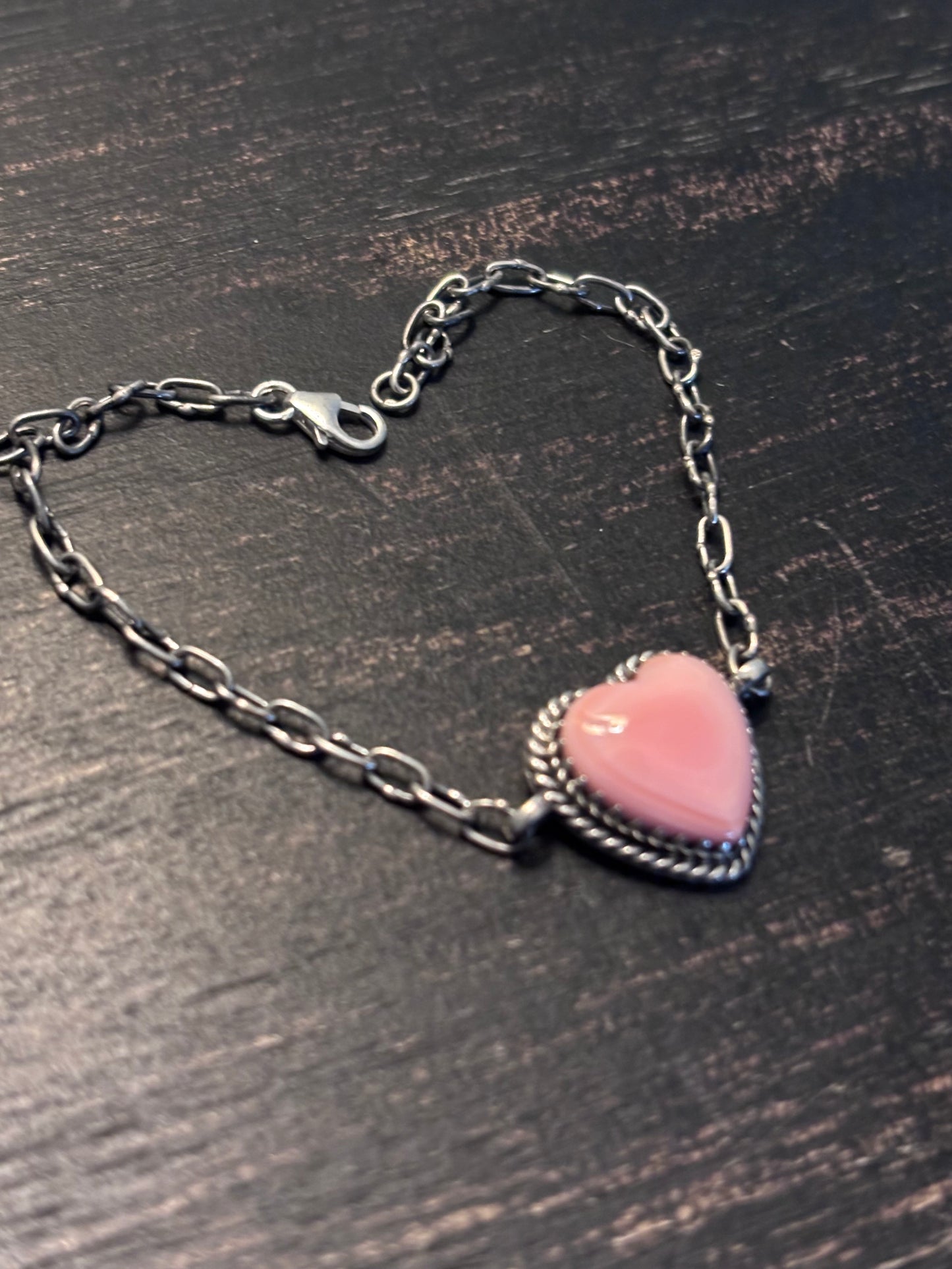 Pink Conch Heart Link Bracelet | 925 Sterling Silver Southwestern Style A118