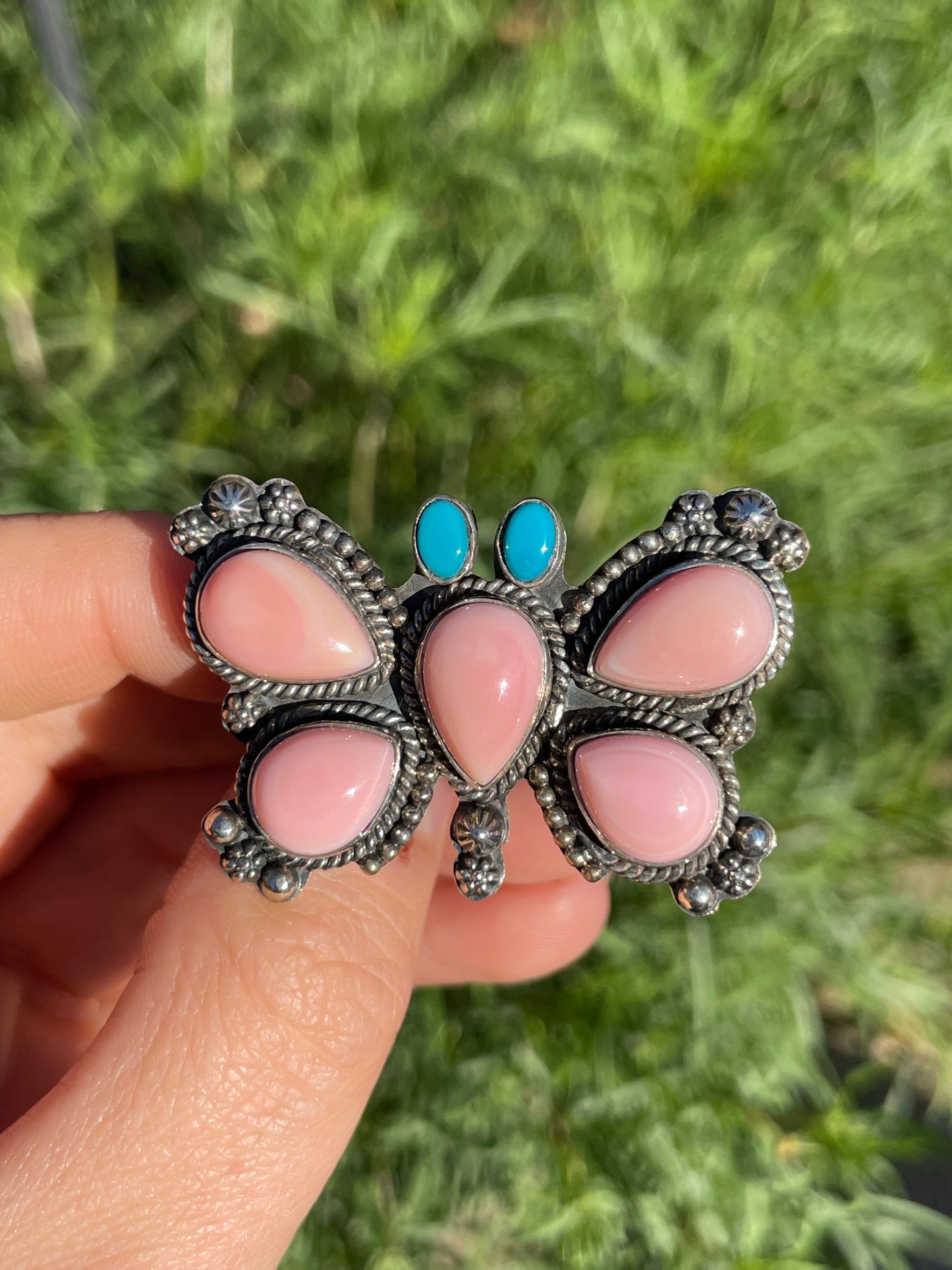 Pink Conch & Turquoise Butterfly Ring | 925 Sterling Silver | Size 7 B907
