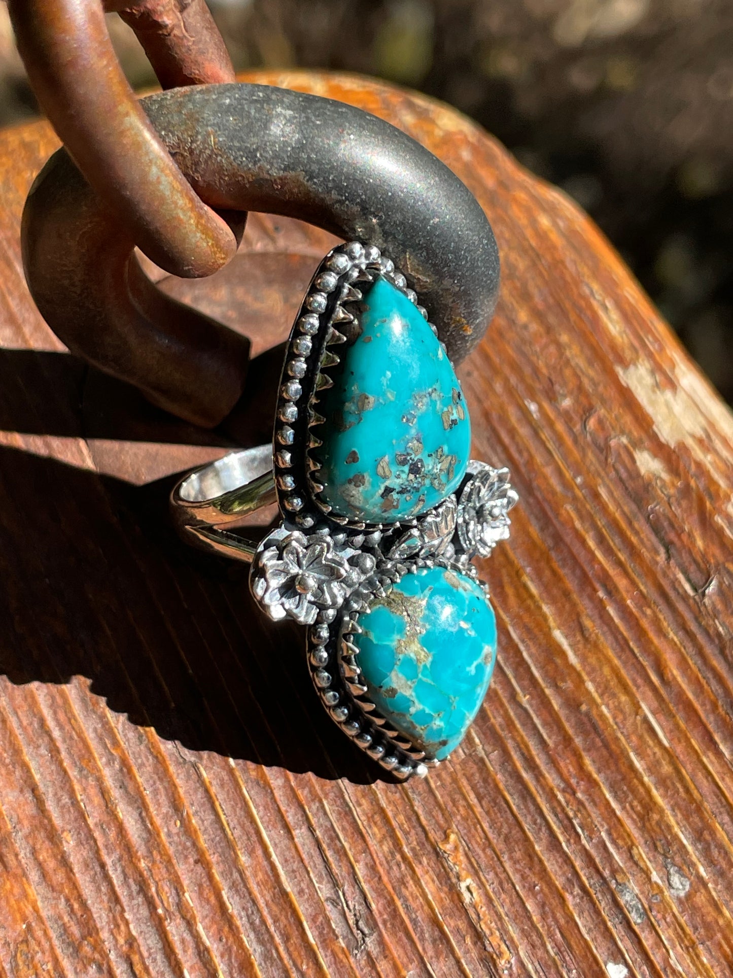 Turquoise Double Stone Floral Design Ring | Sterling Silver 925 | Size 7 B392