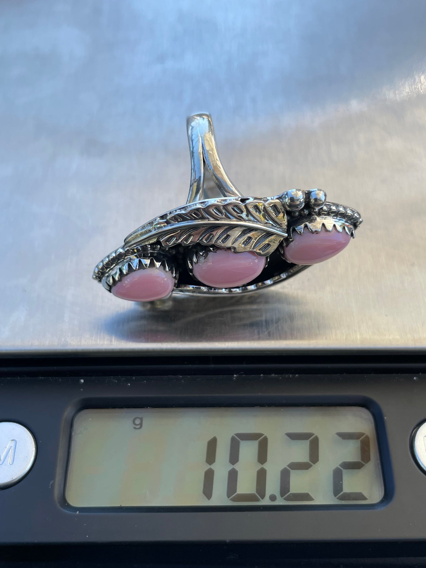 Pink Conch Triple Stone Leaf Ring | 925 Sterling Silver | Size 9 B305