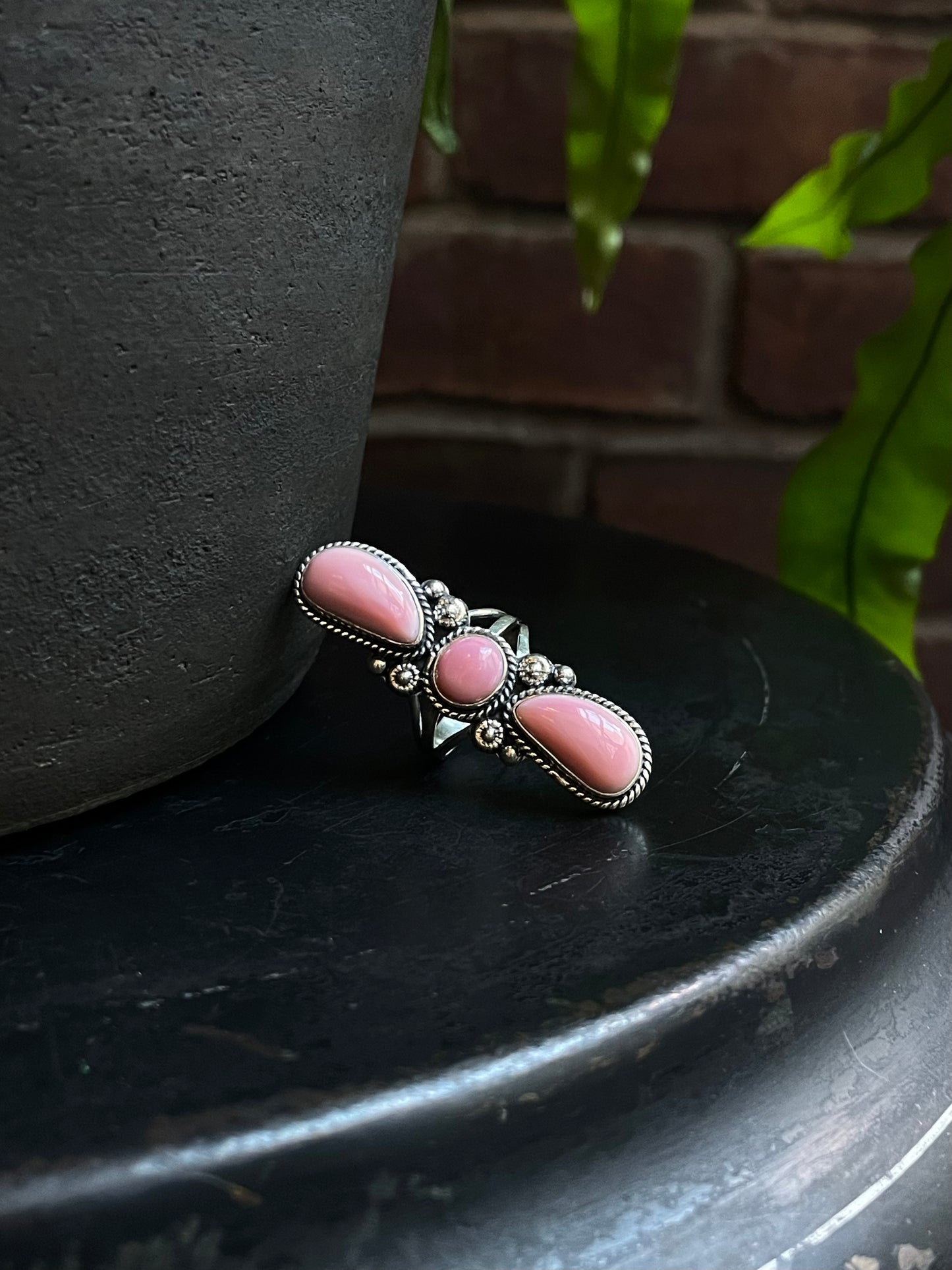 Pink Conch 3 Stone Ring Size 7 | 925 Sterling Silver C584