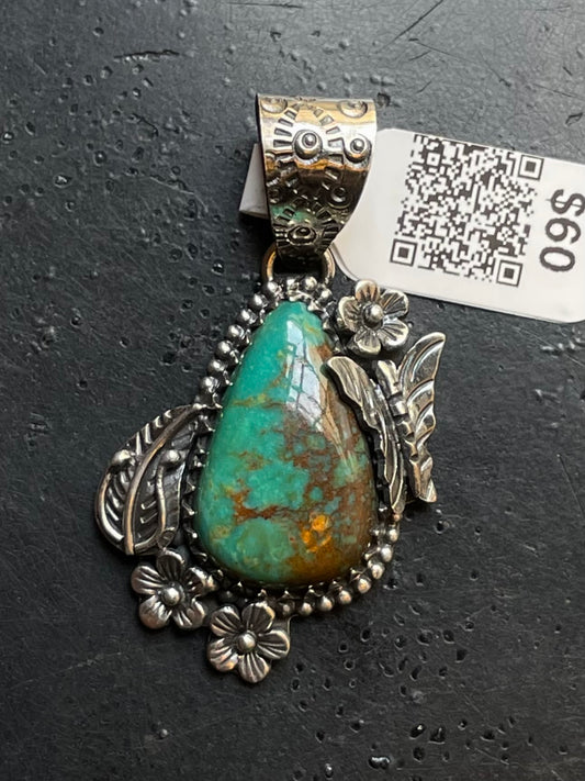 Kingman Turquoise Leaf Butterfly Pendant | Sterling Silver | A562
