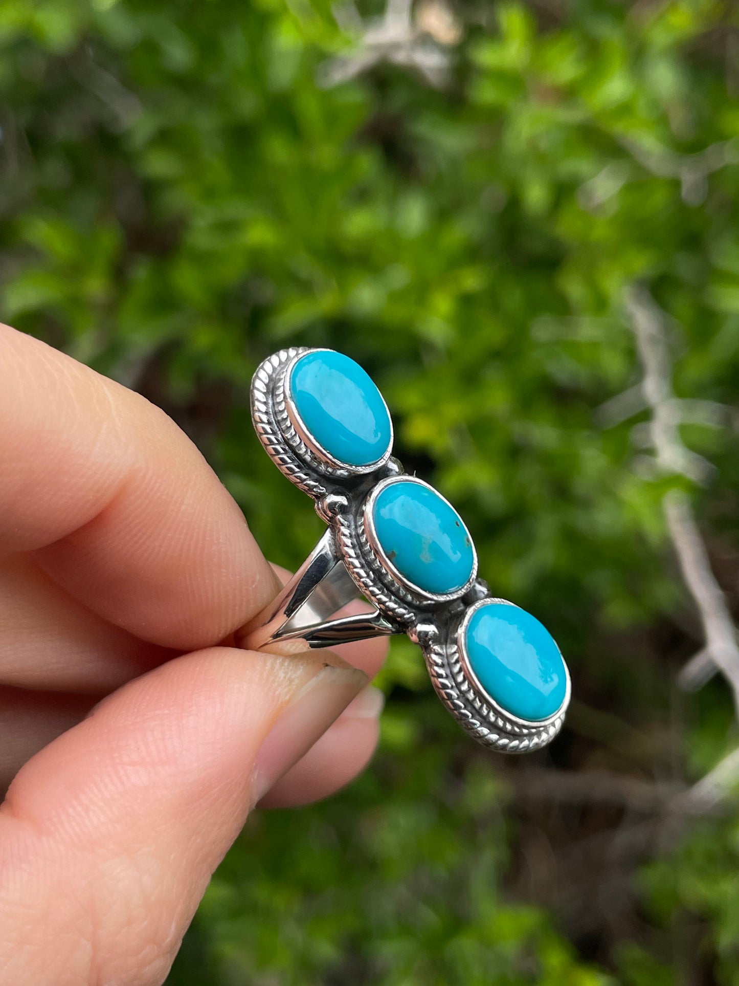 Turquoise 3 Stone Row Ring Size 6 | 925 Sterling Silver B651