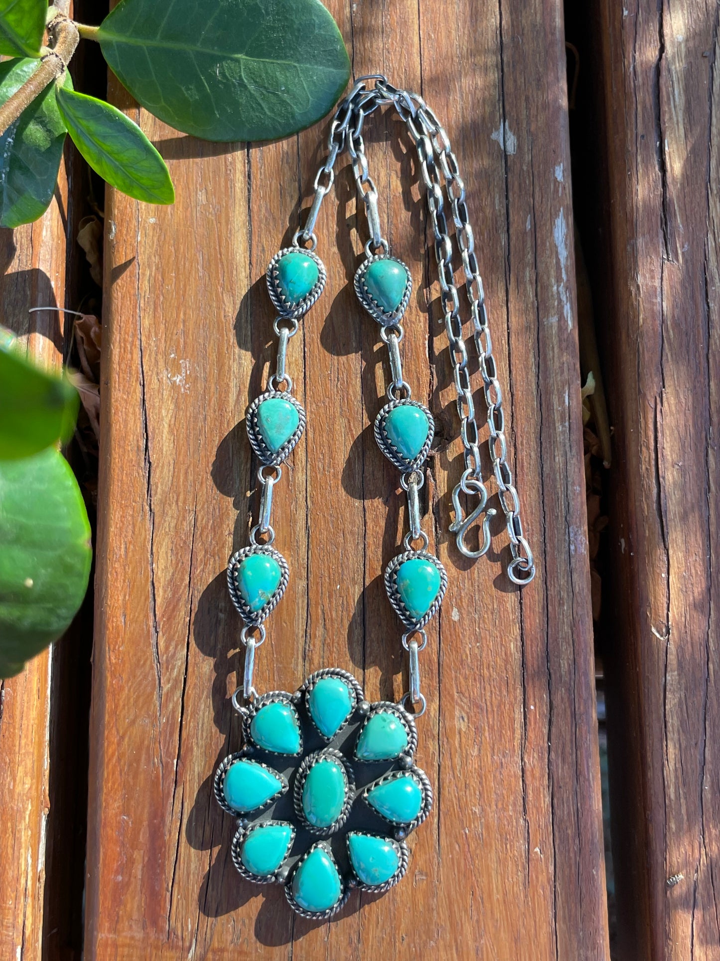 Kingman Turquoise Flower Necklace | Sterling Silver 925 Cluster |B895