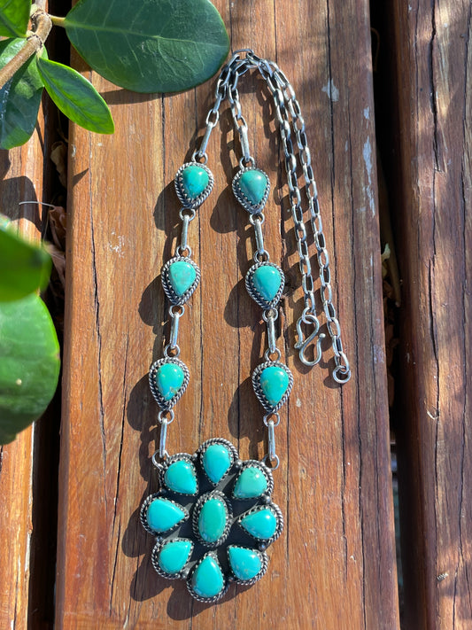 Kingman Turquoise Flower Necklace | Sterling Silver 925 Cluster |B895
