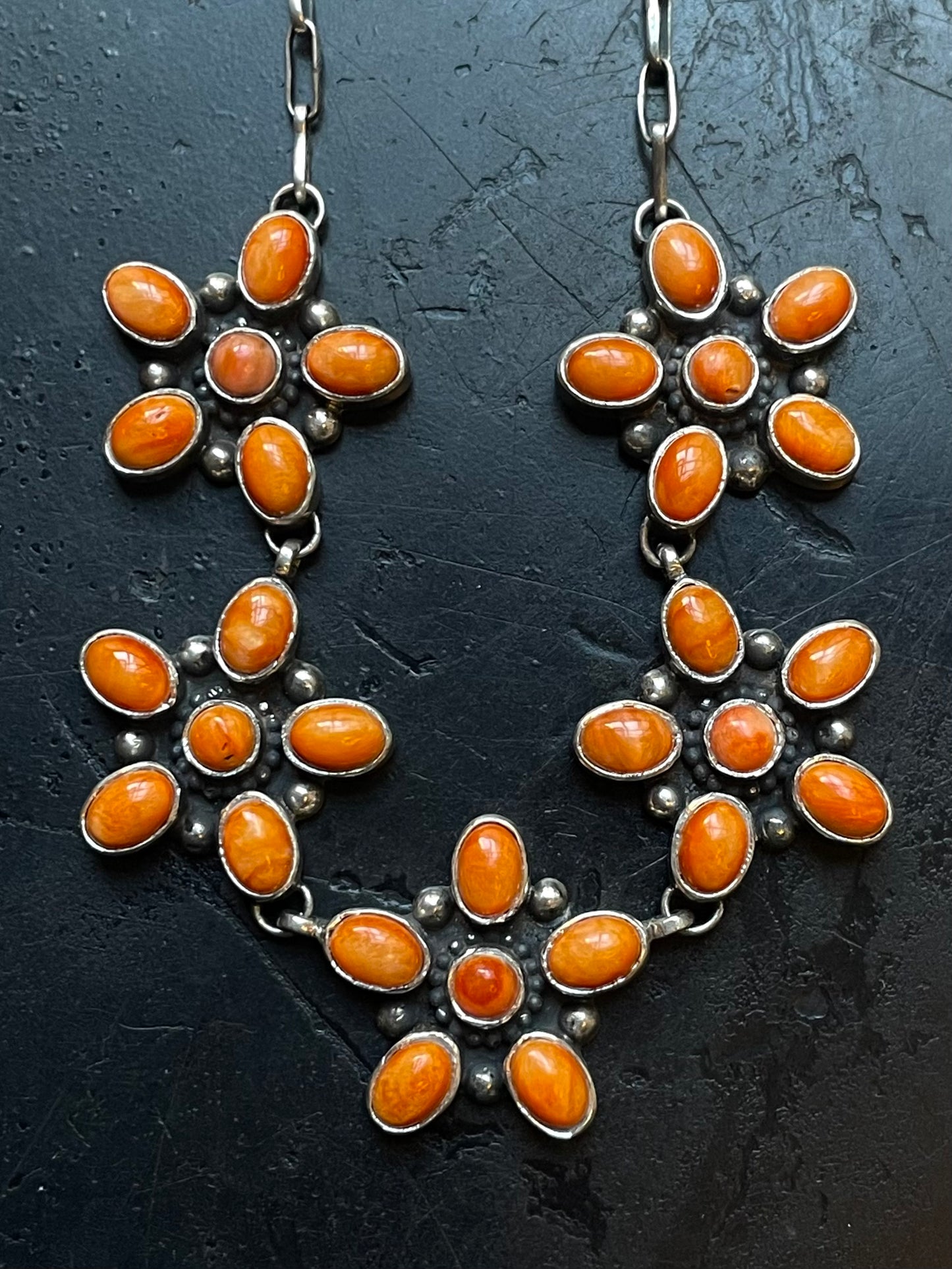 Orange Spiny Oyster Flower Cluster Necklace | 925 Sterling Silver E598