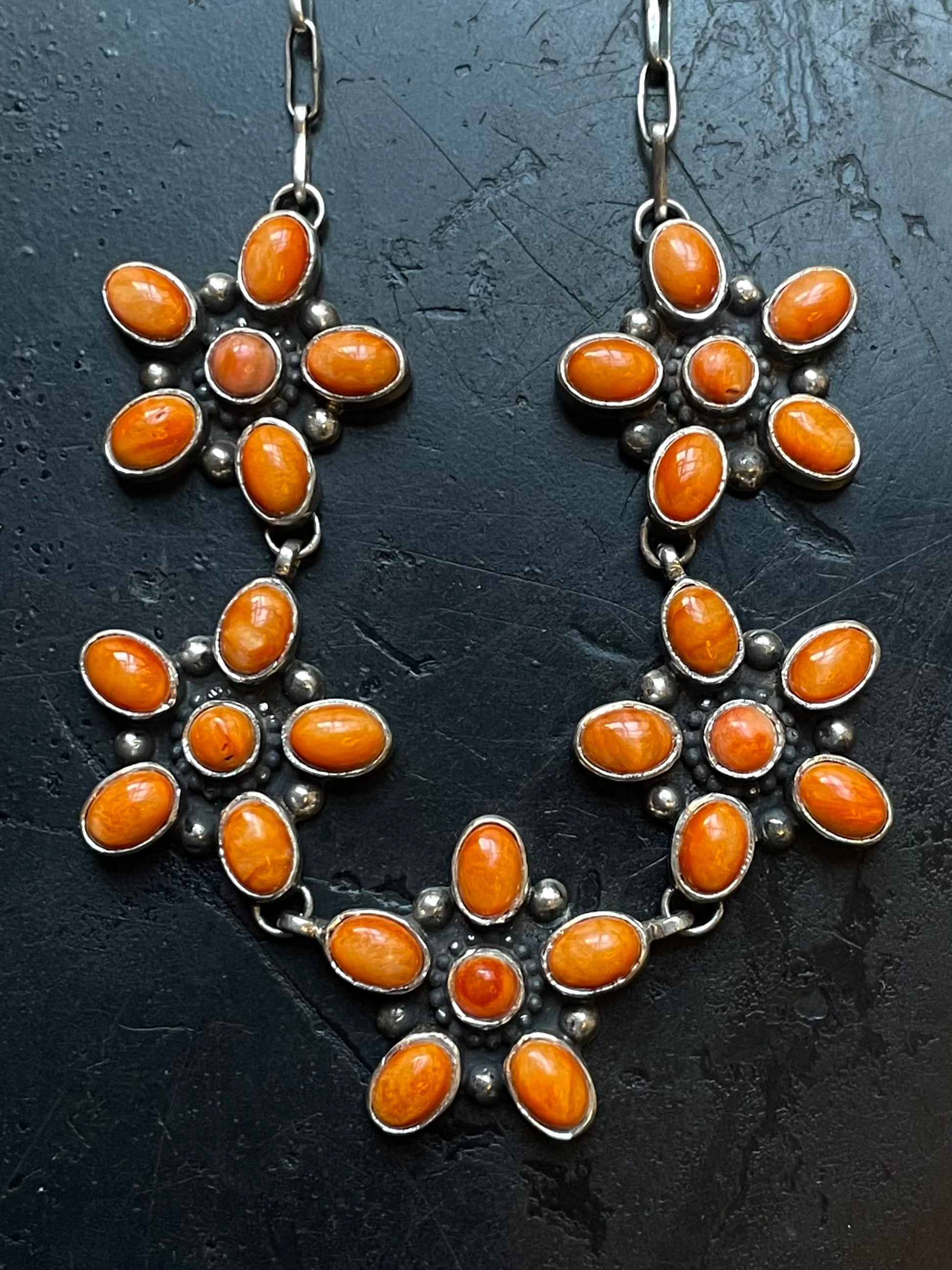 Orange Spiny Oyster Flower Cluster Necklace | 925 Sterling Silver E598