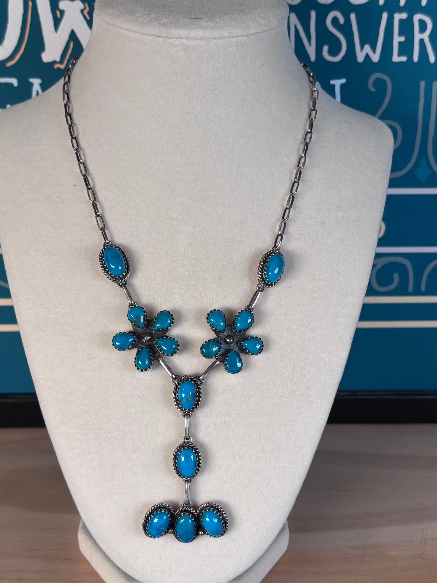 Kingman Turquoise Cluster Necklace | 925 Sterling Silver Southwestern Style
