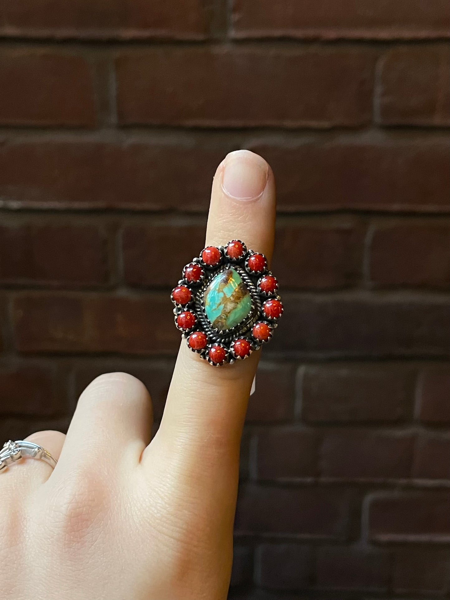 Coral Cluster Ring with Kingman Turquoise | Sterling Silver | Size 7 | A197