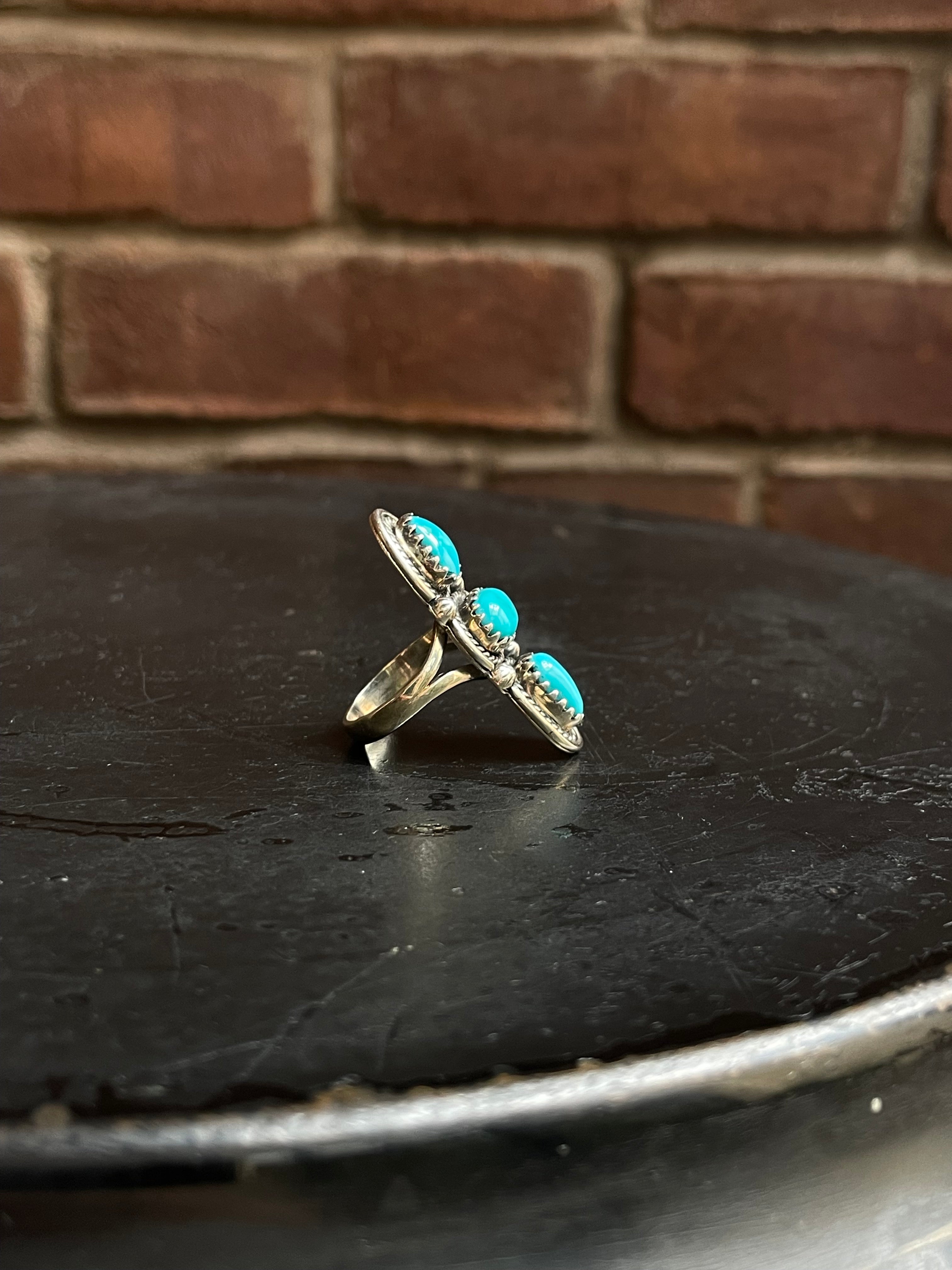 Kingman Turquoise Triple Stone Ring Size 6.75 | 925 Sterling Silver Southwest E199