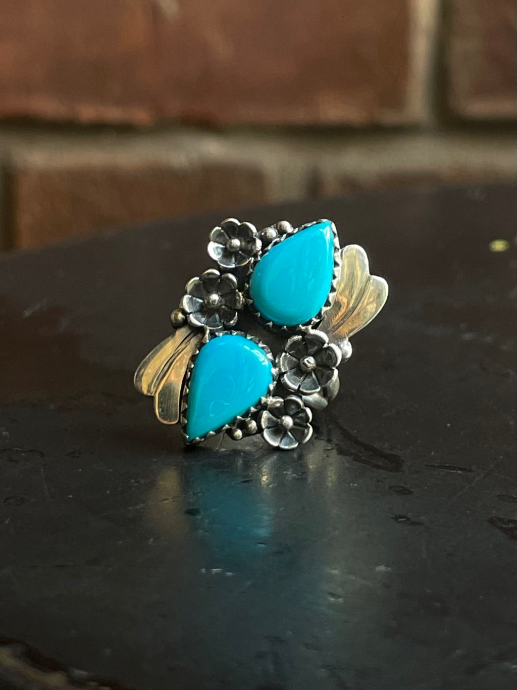Kingman Turquoise Floral Ring Size 6 | 925 Sterling Silver G579