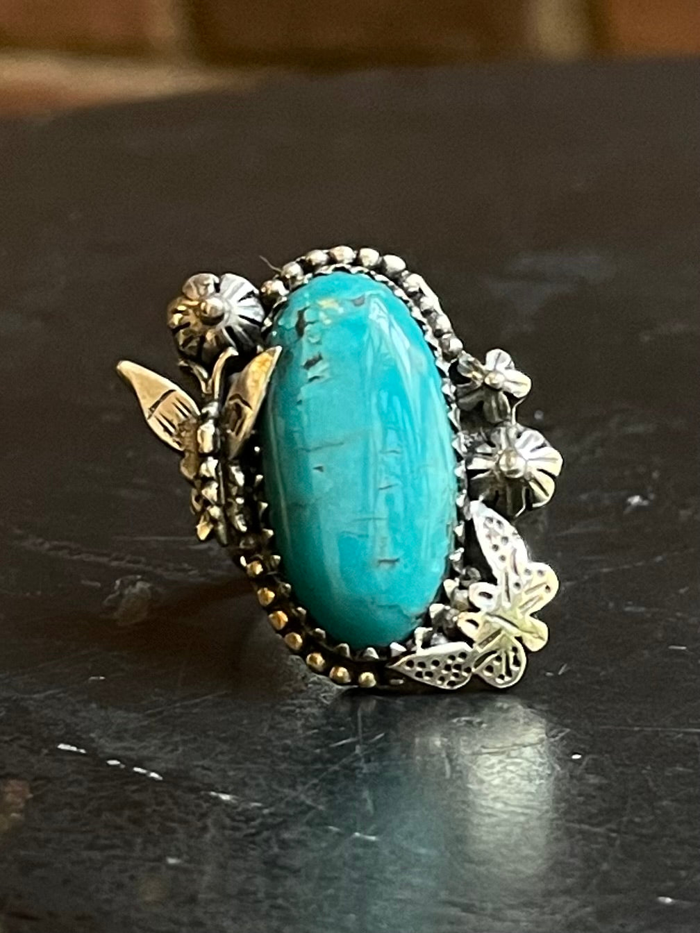 Turquoise Butterfly Floral Ring Size 8 | Sterling Silver E882