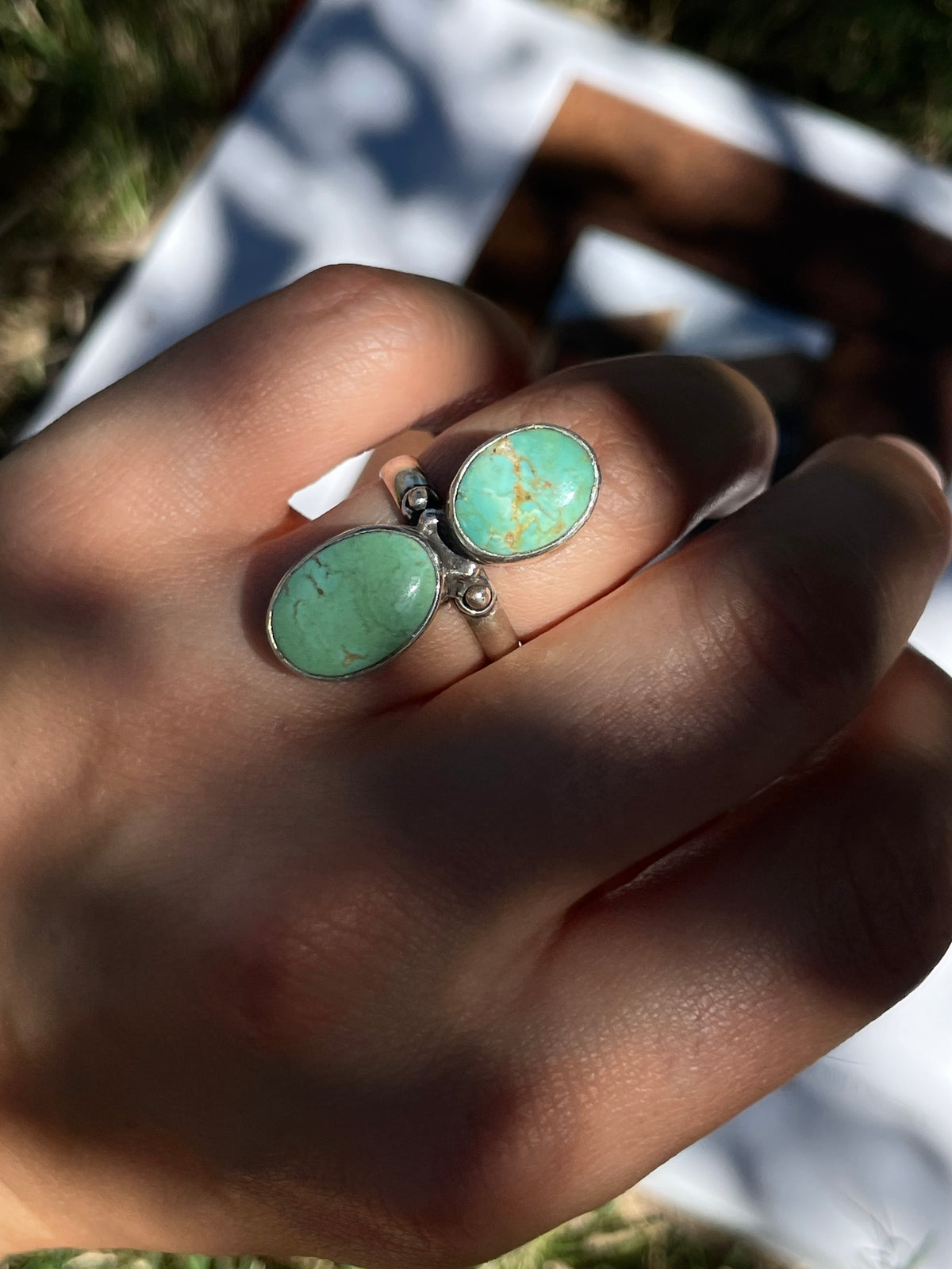 Turquoise Double Oval Ring | 925 Sterling Silver | Size 6.5 D357