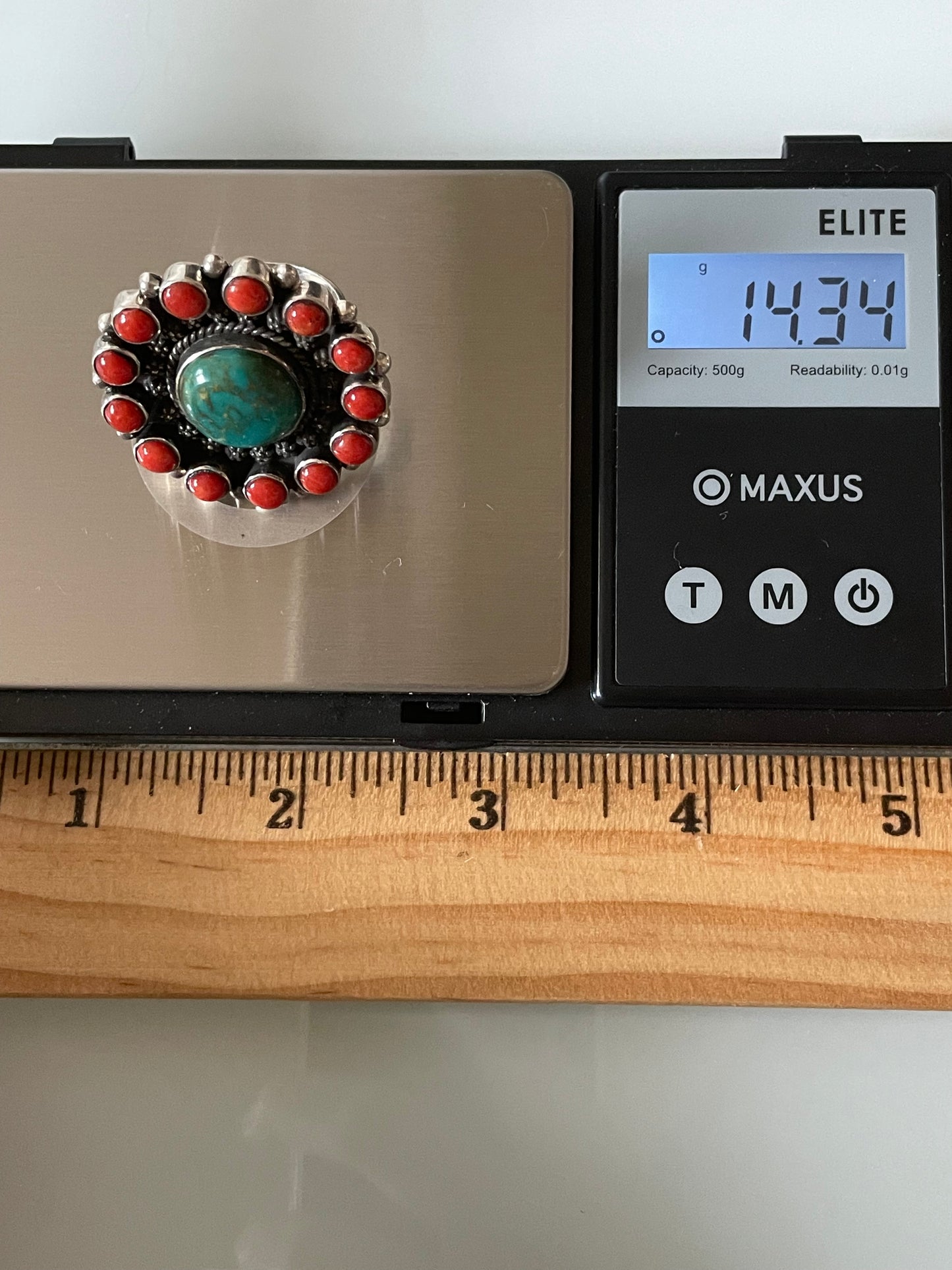 Coral & Turquoise Cluster Ring Size 9 | 925 Sterling Silver G262