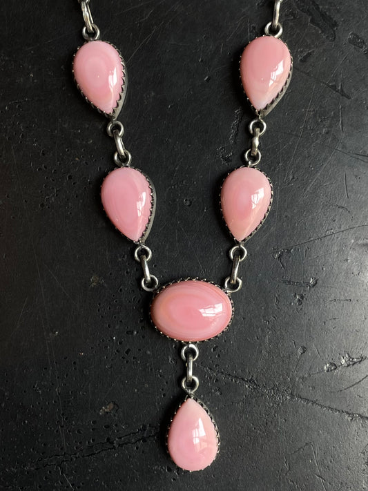 Pink Conch Lariat Necklace | Teardrop Station Drop | 925 Silver E554