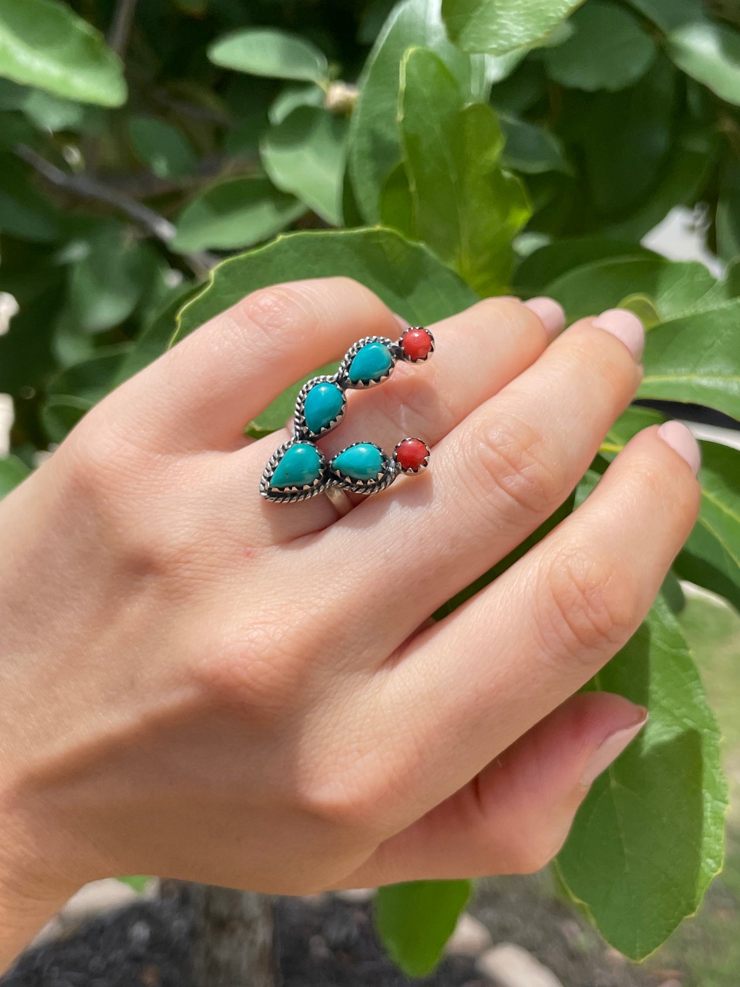 Kingman Turquoise & Coral Cactus Ring Size 6 | 925 Sterling Silver D181