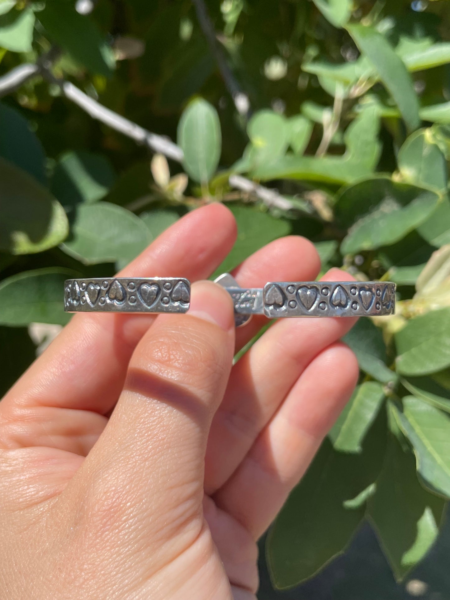 Kingman Turquoise Heart Stamped Cuff Bracelet | Sterling Silver D144