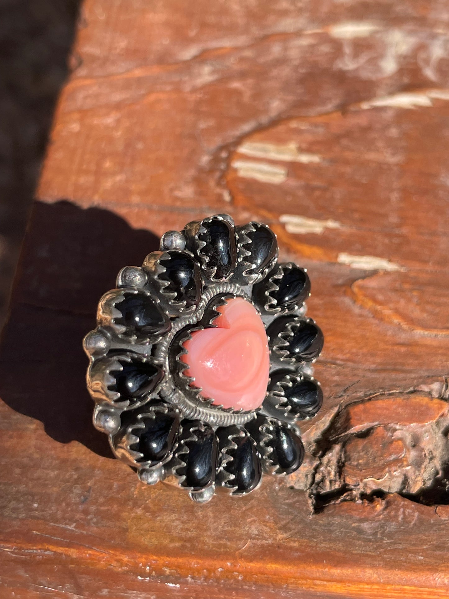 Pink Conch Heart Black Onyx Cluster Ring Size 6.75| 925 Sterling Silver D103
