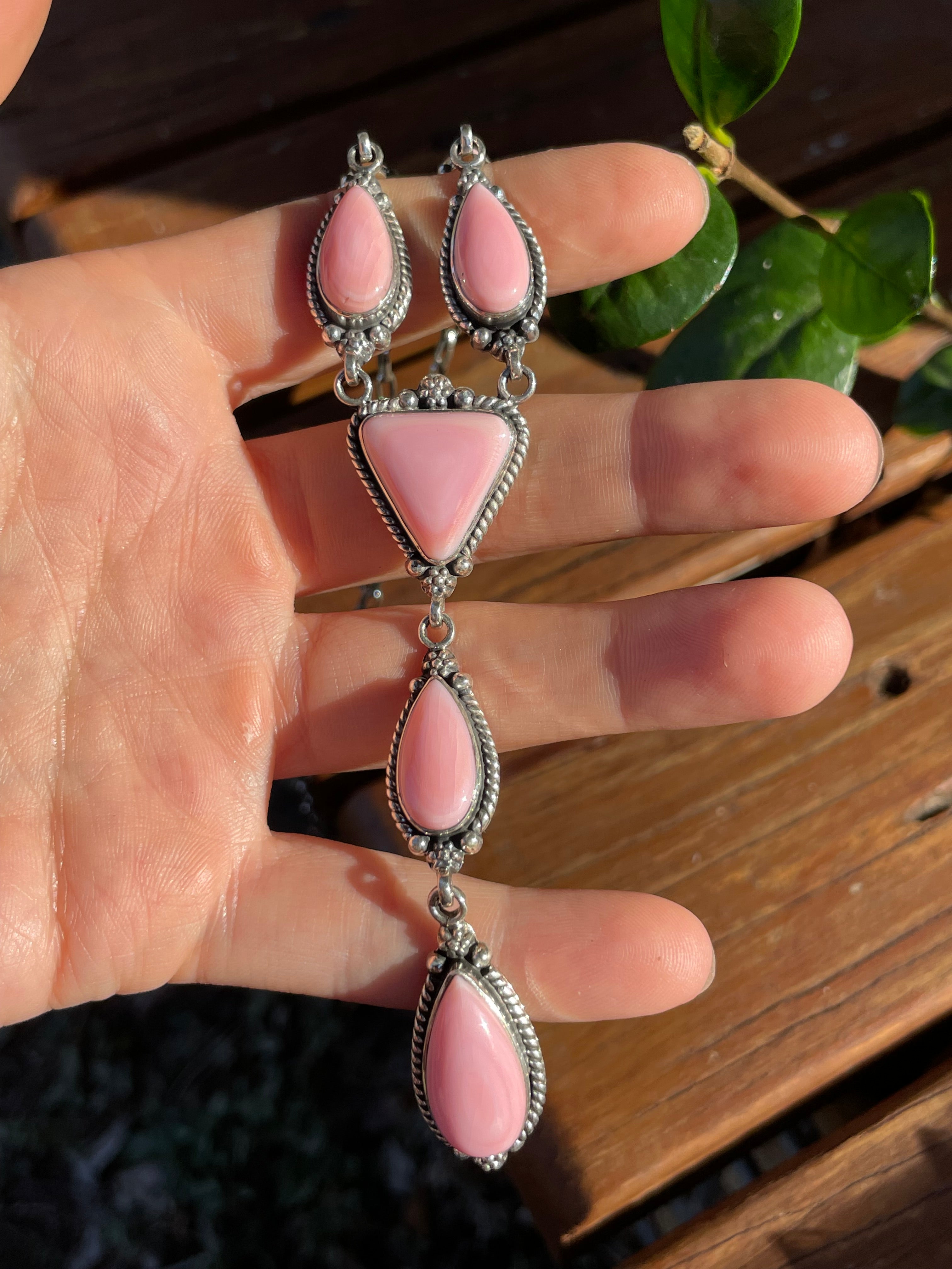 Pink Conch Drop Necklace | Sterling Silver 925 | Long Teardrop Statement | B890