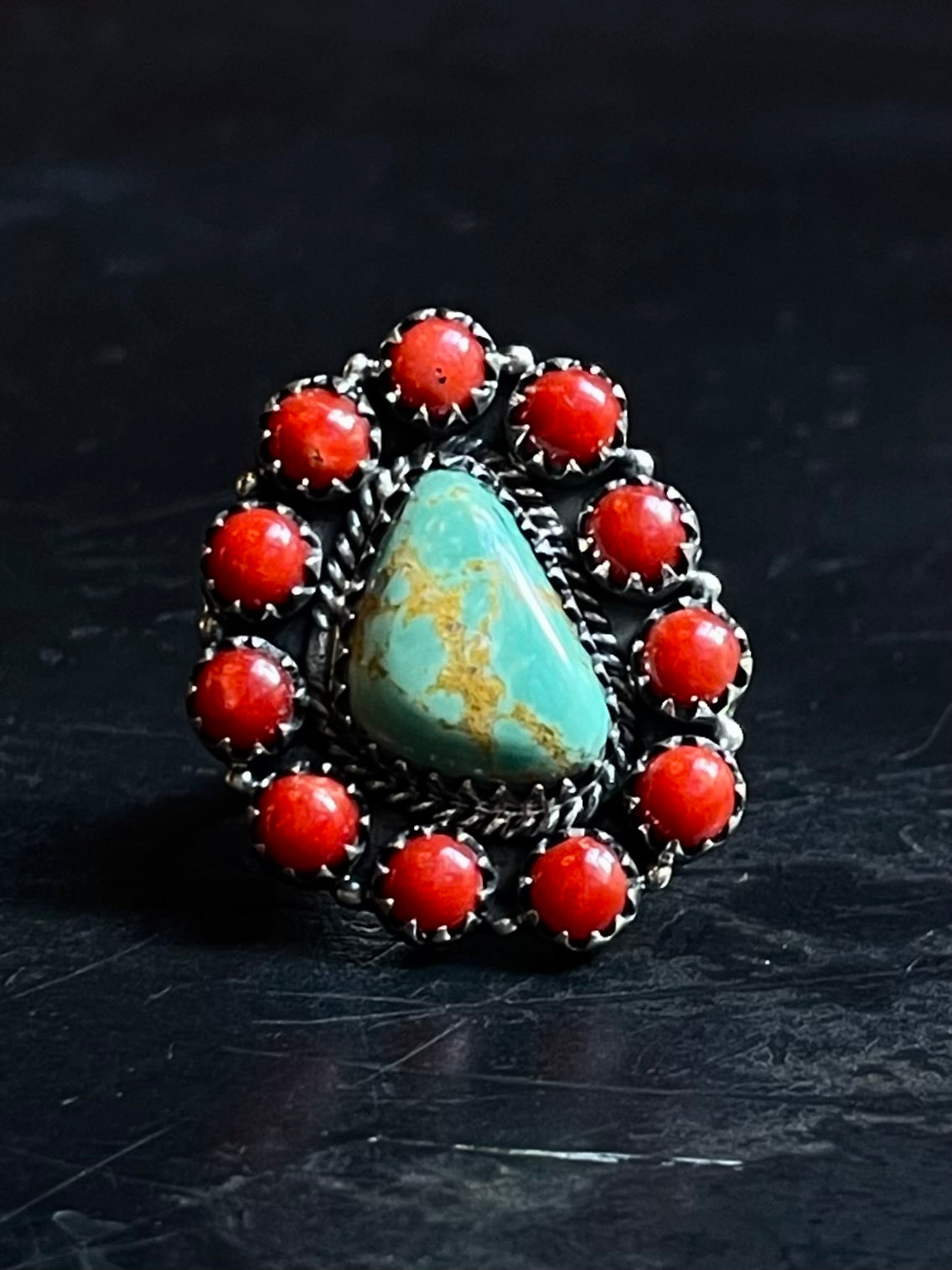 Kingman Turquoise Coral Cluster Ring | Sterling Silver | Size 7 | A166