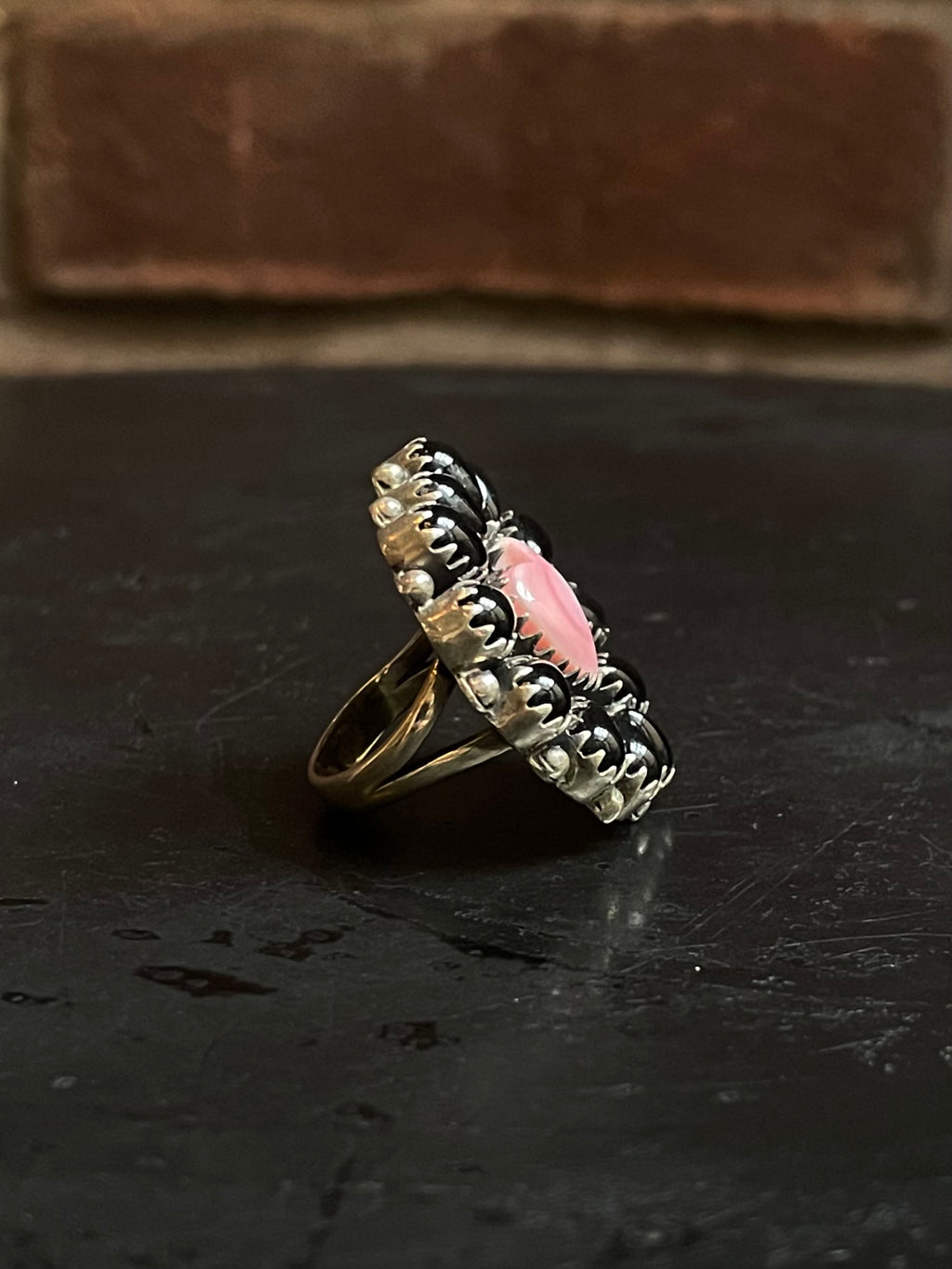 Pink Conch Heart & Black Onyx Cluster Ring | Sterling Silver | Size 7 G338