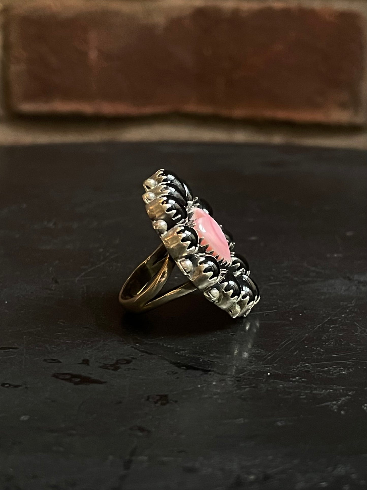 Pink Conch Heart & Black Onyx Cluster Ring | Sterling Silver | Size 7 G338
