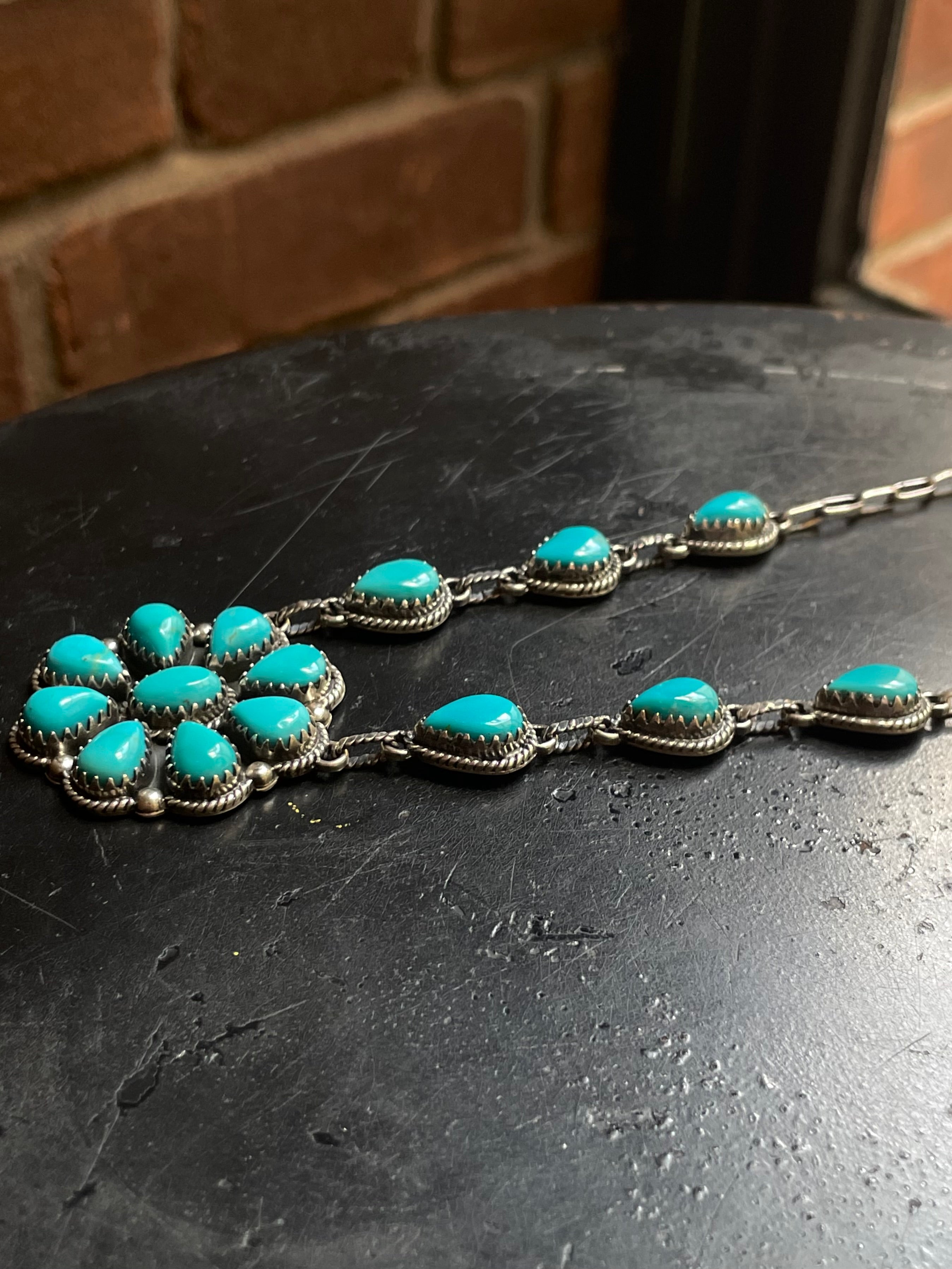 Kingman Turquoise Flower Cluster Necklace | 925 Sterling Silver G593