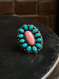 Pink Conch & Kingman Turquoise Cluster Ring | 925 Sterling Silver | Size 8 E322