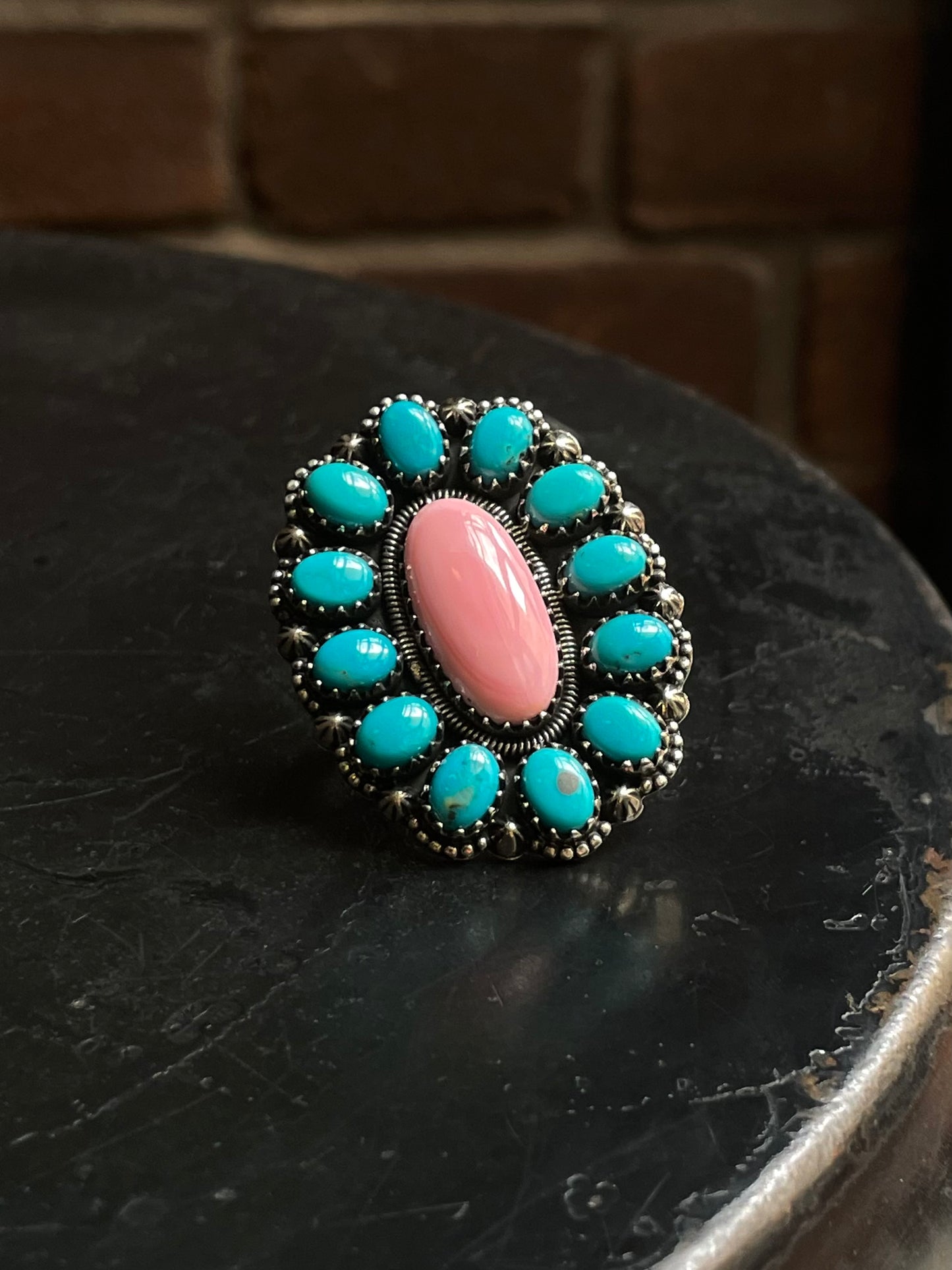 Pink Conch & Kingman Turquoise Cluster Ring | 925 Sterling Silver | Size 8 E322