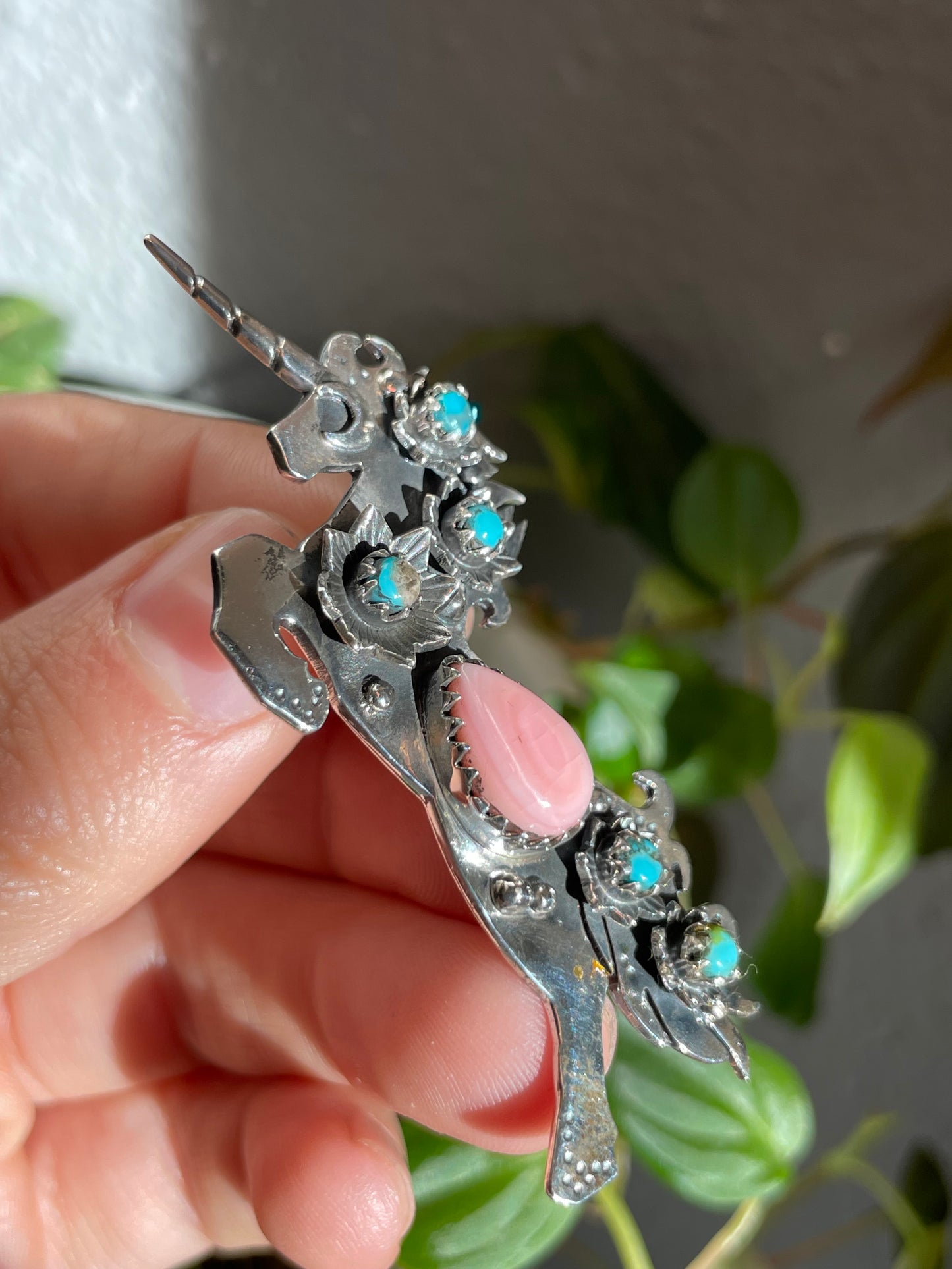 Pink Conch & Turquoise Unicorn Pendant | Sterling Silver 925 B823