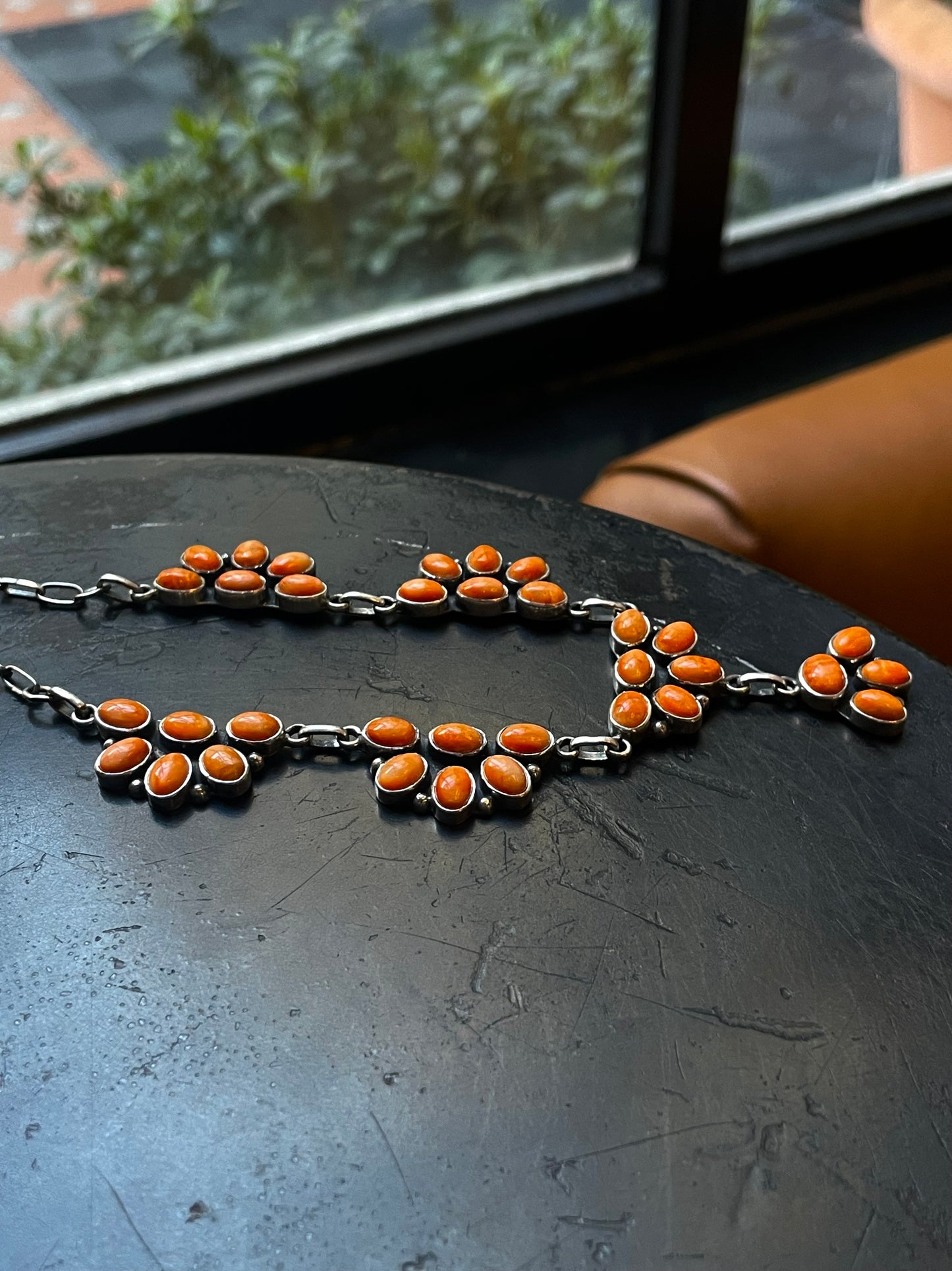 Spiny Oyster Cluster Necklace | Floral Stations with Drop | 925 Silver E596
