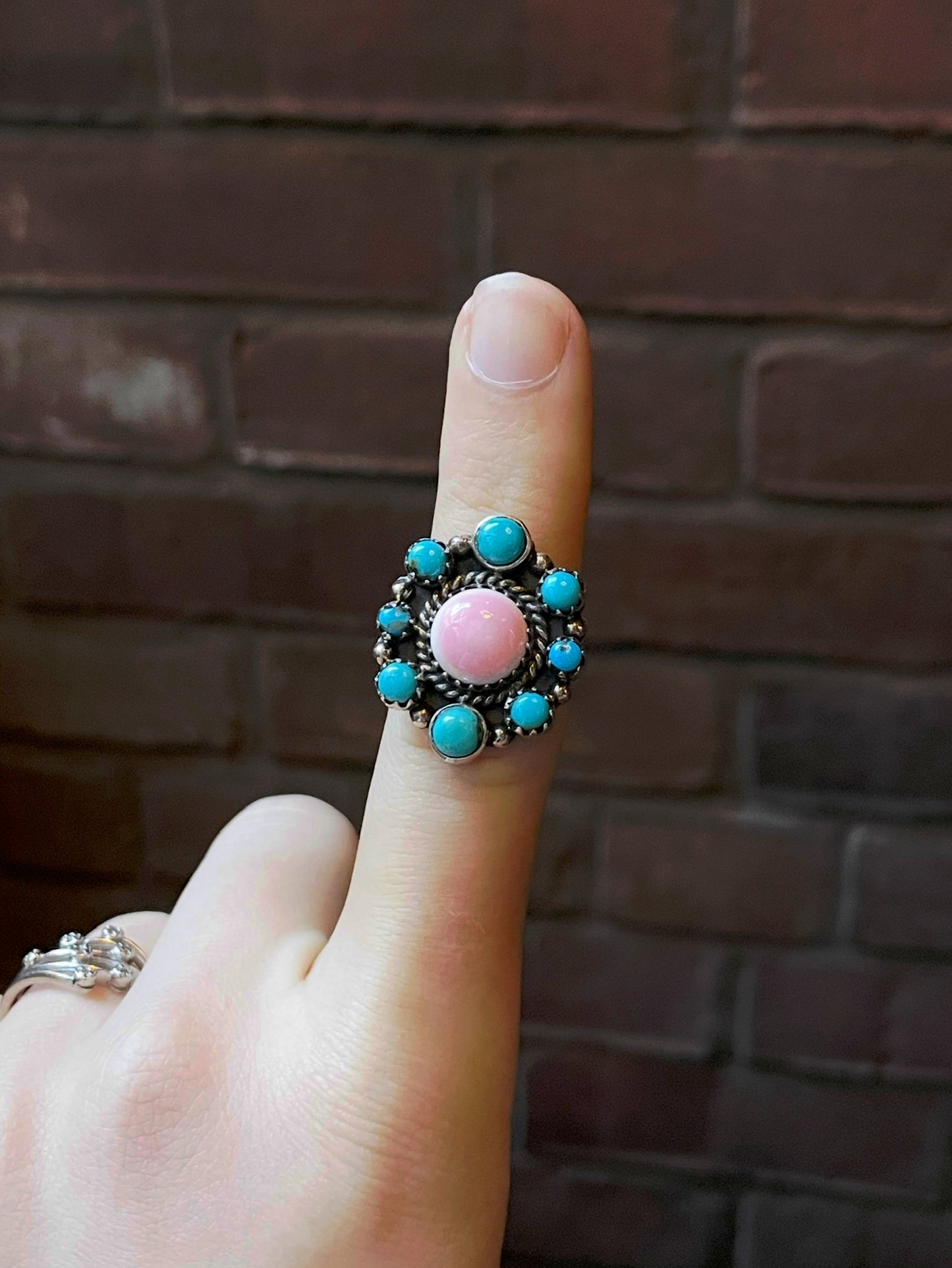 Pink Conch & Kingman Turquoise Cluster Ring Size 7.5 | 925 Sterling Silver E418