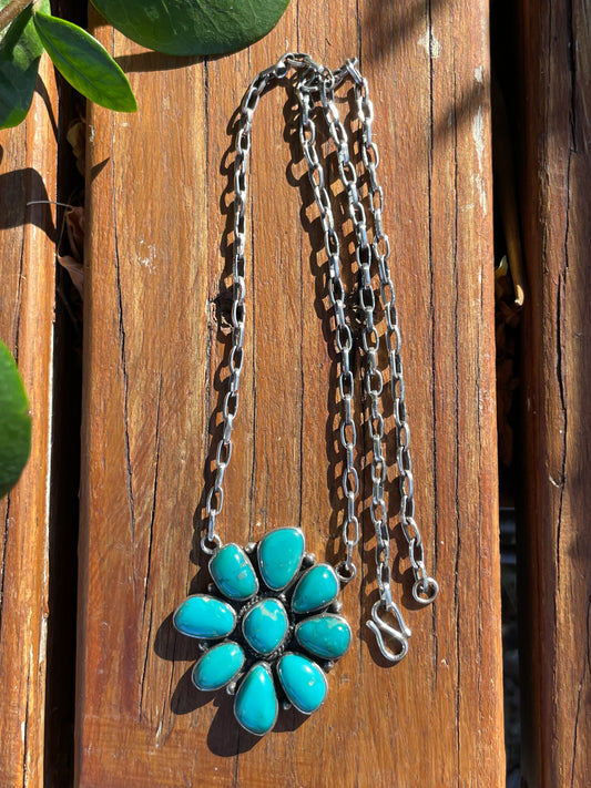 Kingman Turquoise Flower Necklace | Sterling Silver 925 Cluster| B891